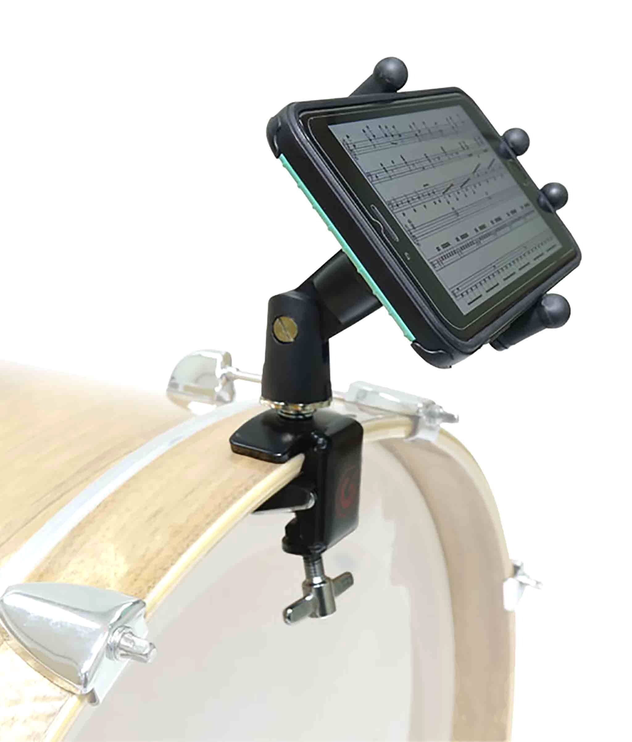 Left. Gibraltar Hardware - Bass Drum Smartphone Holder, Adjustable Scissor Clamp with Hoop Mount and Touchscreen Access for Music Practice - Black.