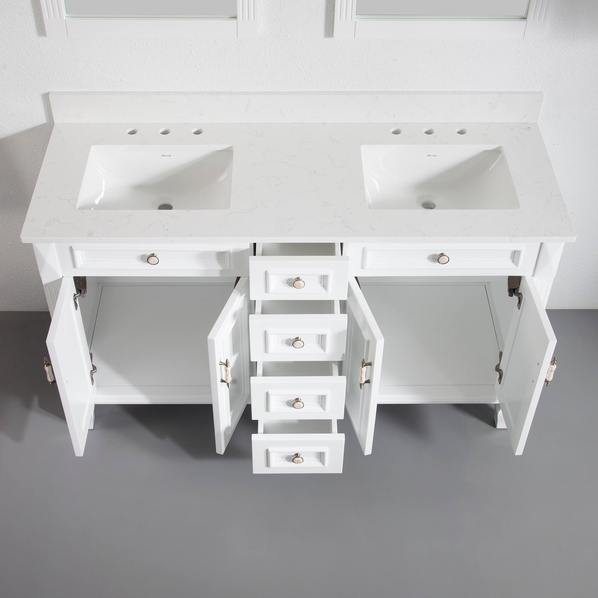 Back. WELLFOR - ARTWOOD 60 in. Solid Wood Bath Vanity with Quartz Top, Double Sink, Soft Close, Assembled - White.