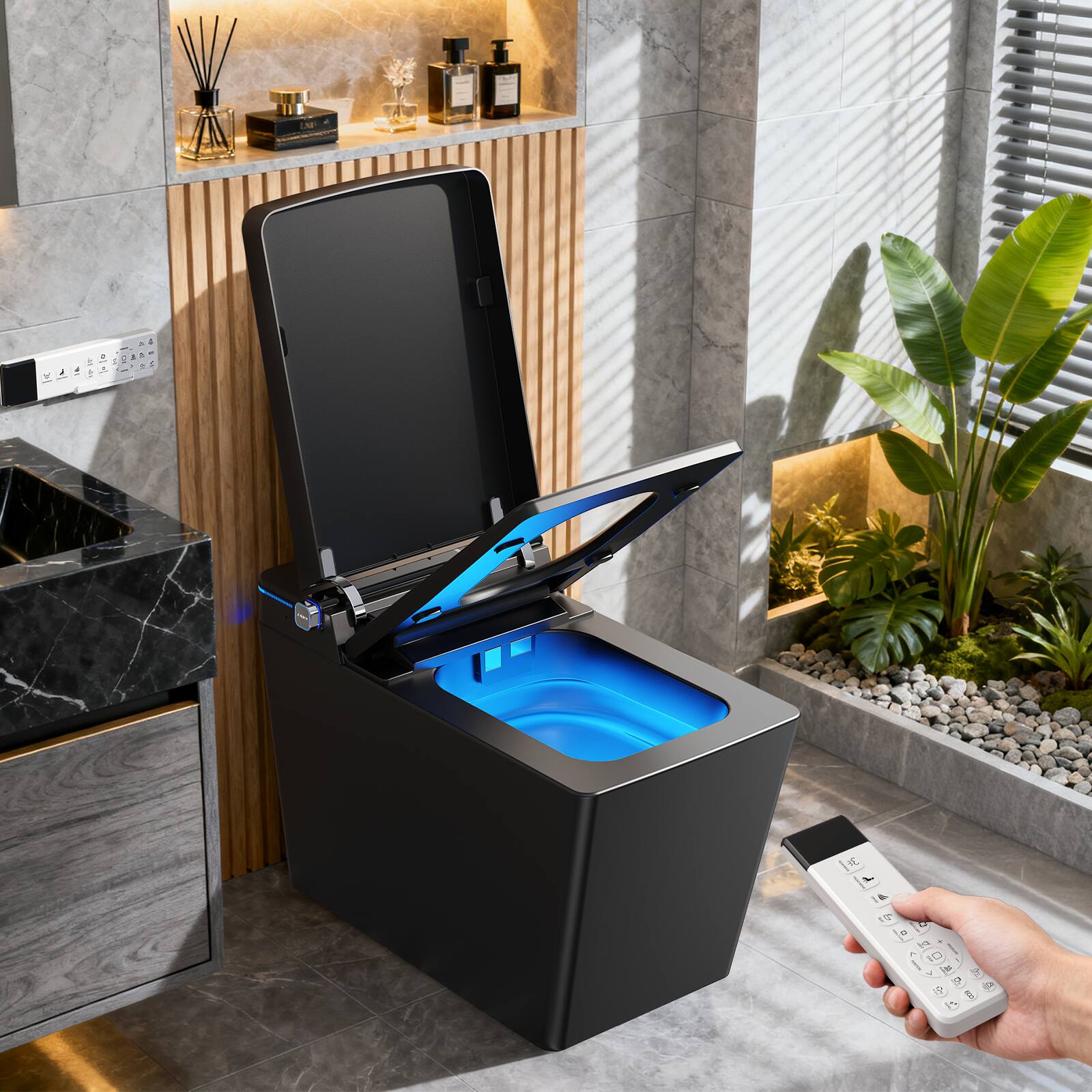 Angle. Koligey - Square Smart Toilet With Advance Bidet Wash, Auto Open Lid, 1.28 GPF Auto Flush - Black.