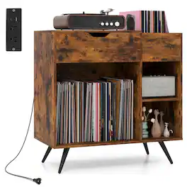 Ecooso - Record Player Stand with Power Outlet, Turntable Table for Living Room Storage - Rustic Brown