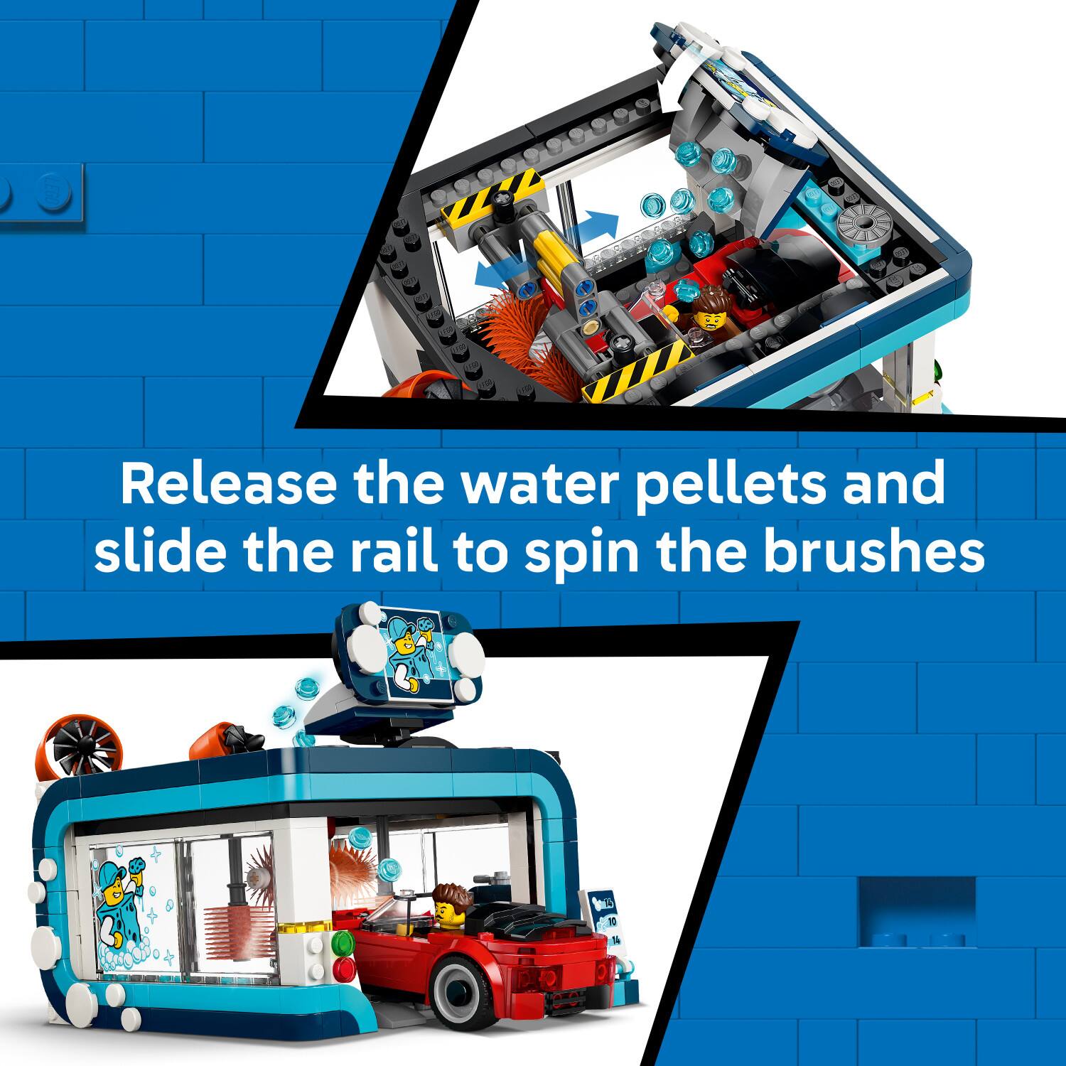 Release the water pellets and slide the rail to spin the brushes