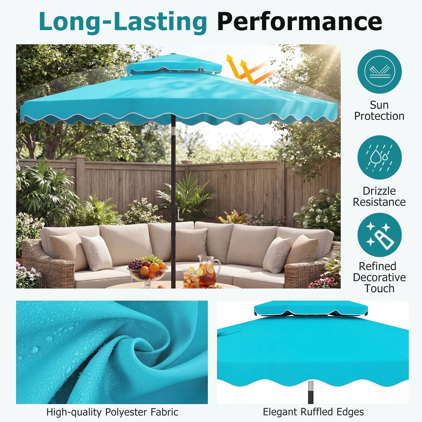 Long-Lasting Performance  
Sun Protection  
Drizzle Resistance  
Refined Decorative Touch  
High-quality Polyester Fabric  
Elegant Ruffled Edges