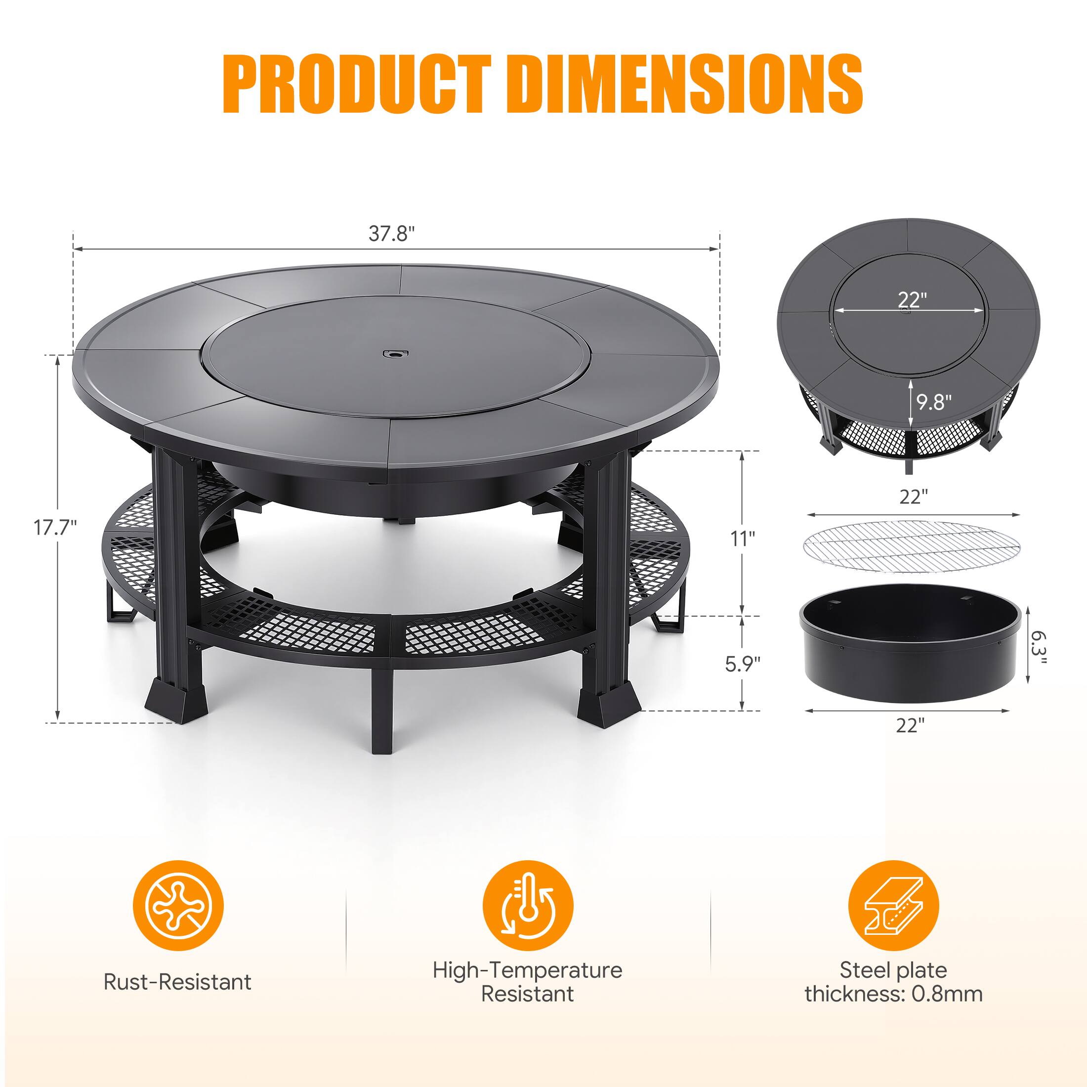 PRODUCT DIMENSIONS

- 37.8"
- 22"
- 9.8"
- 17.7"
- 11"
- 5.9"
- 6.3"

Rust-Resistant  
High-Temperature Resistant  
Steel plate thickness: 0.8mm