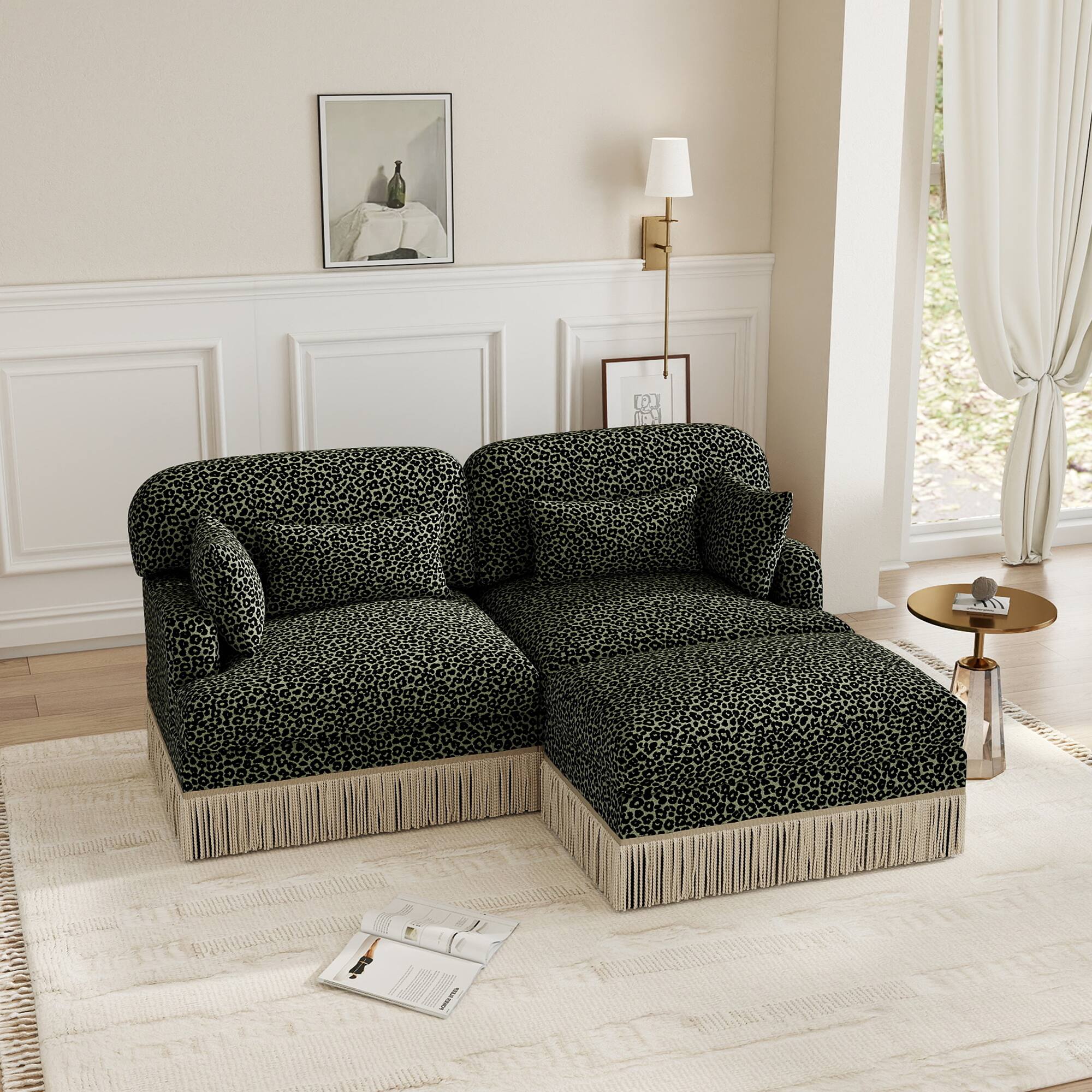 Angle. Anysun - Delicate Fashion Style Chenille Leopard Printing L-Shape Sofa with Movable Ottoman, Easy Assembly - Green.