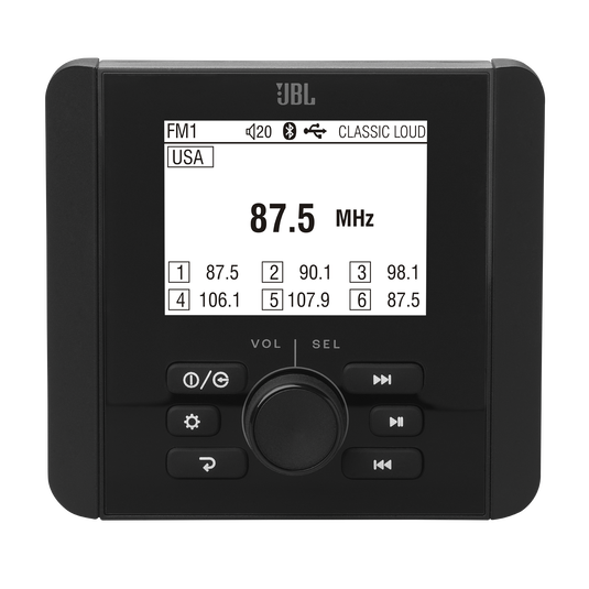 FM1 USA  
JBL  
20 CLASSIC LOUD  
87.5 MHz  
1 87.5  
2 90.1  
3 98.1  
4 106.1  
5 107.9  
6 87.5  
VOL SEL  
I / + II K44