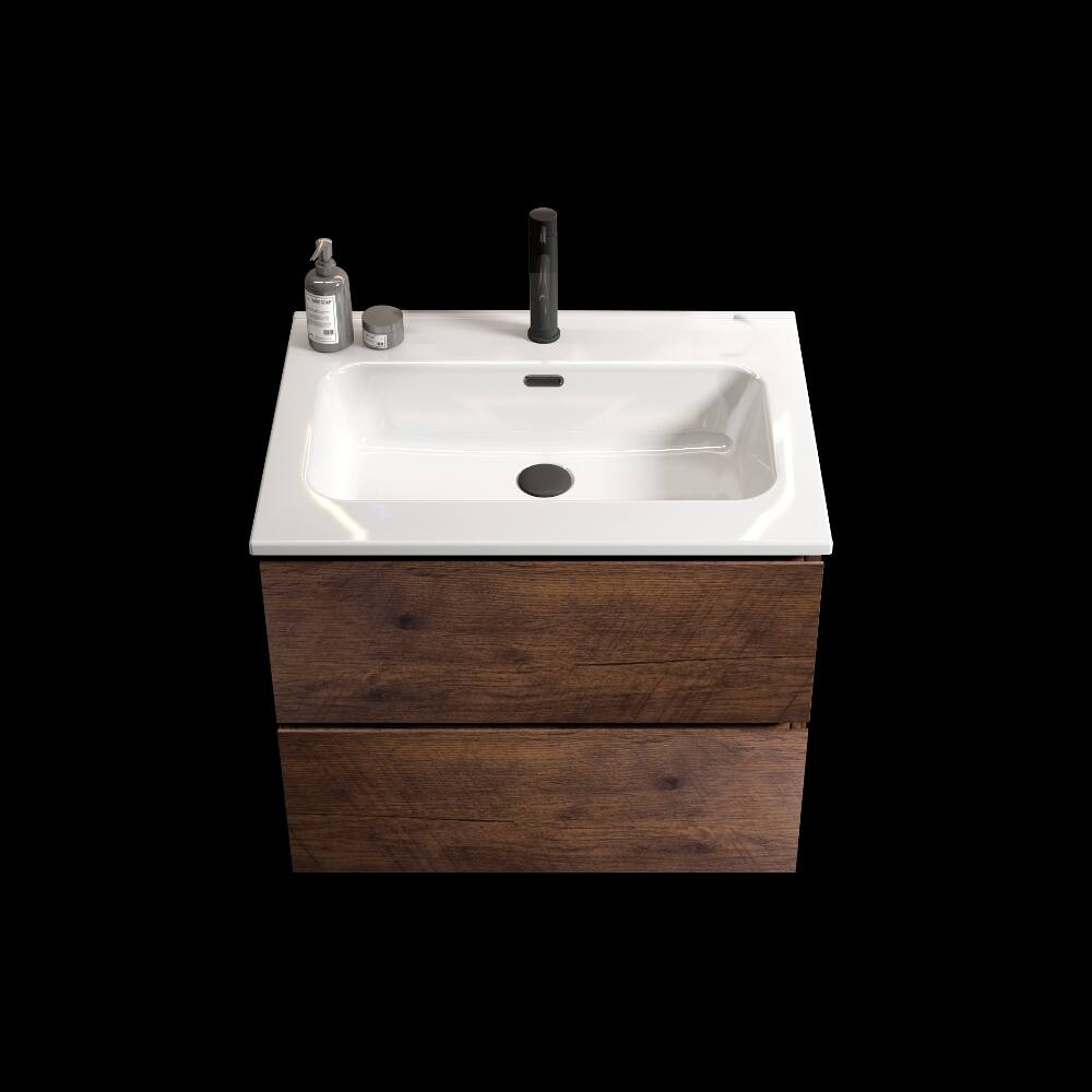Alt View 3. Loheer - Loheer 24 inch wall mounted bathroom vanity Walnut Floating Cabinet with Ceramic Sink - Walnut.