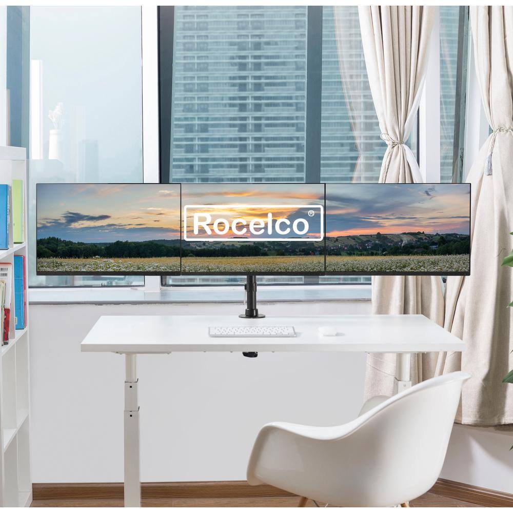 Left. Rocelco - Triple Monitor Desk Mount - VESA pattern, Three Articulated Full Motion Adjustable Arms, Grommet and C Clamp, Black - Black.