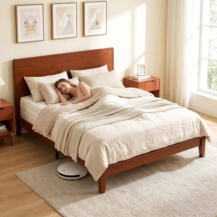 Alt View 9. PULUZ - Queen Size Bamboo Platform Bed Frame with Headboard and 12 Poplar Slats, No Box Spring Needed, Easy Assembly - Brown.
