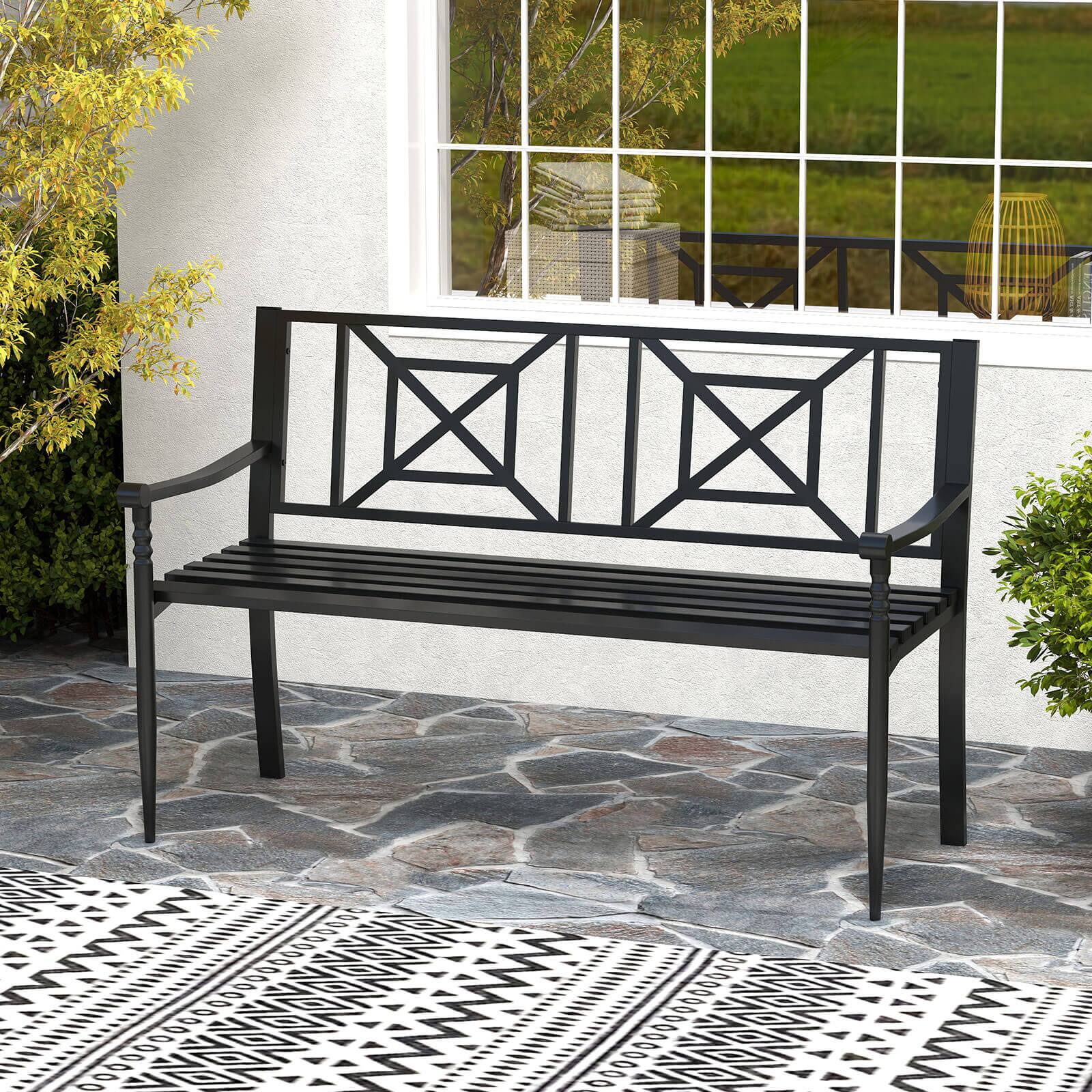 Alt View 1. Costway - Costway Patio Garden Bench Steel Frame Park Yard Outdoor Furniture Porch Chair Black - Black.