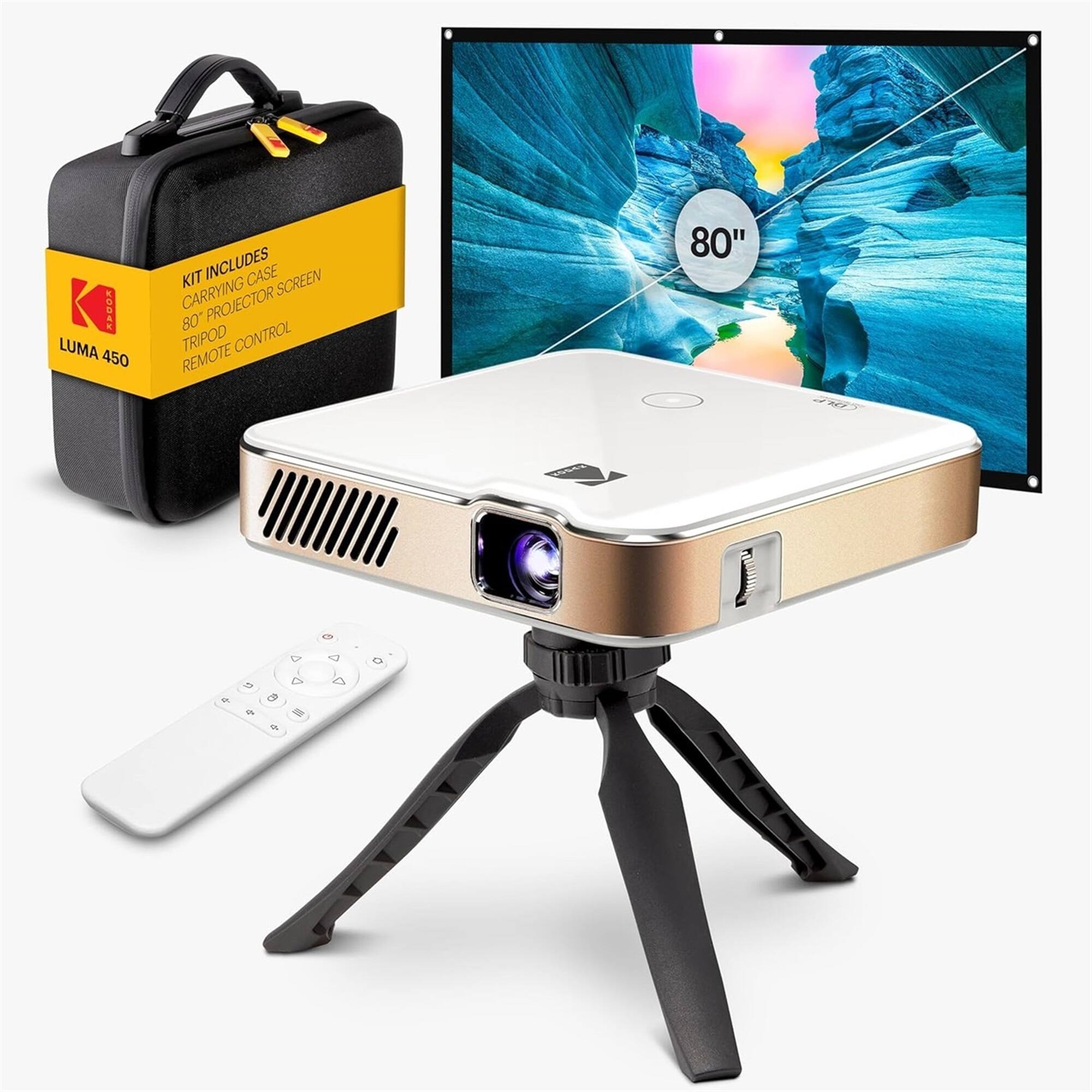 LUMA 450 KIT INCLUDES CARRYING CASE, 80" PROJECTOR SCREEN, TRIPOD, AND REMOTE CONTROL.