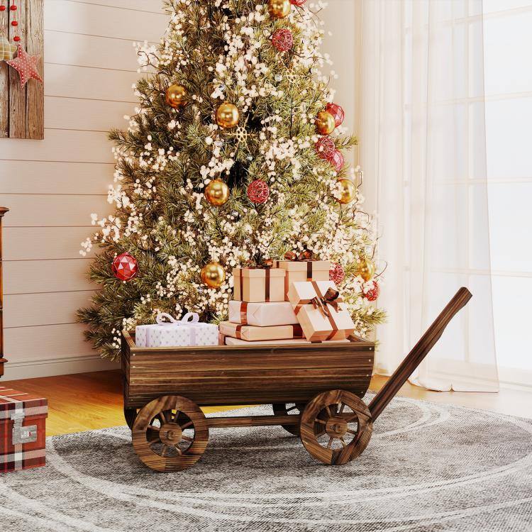 Alt View 9. PULUZ - Wooden Wagon Planter Box, Mobile Garden Planter with 4 Wheels, Small Wheelbarrow Wagon Flower Cart with Drainage Hole - Carbonized.