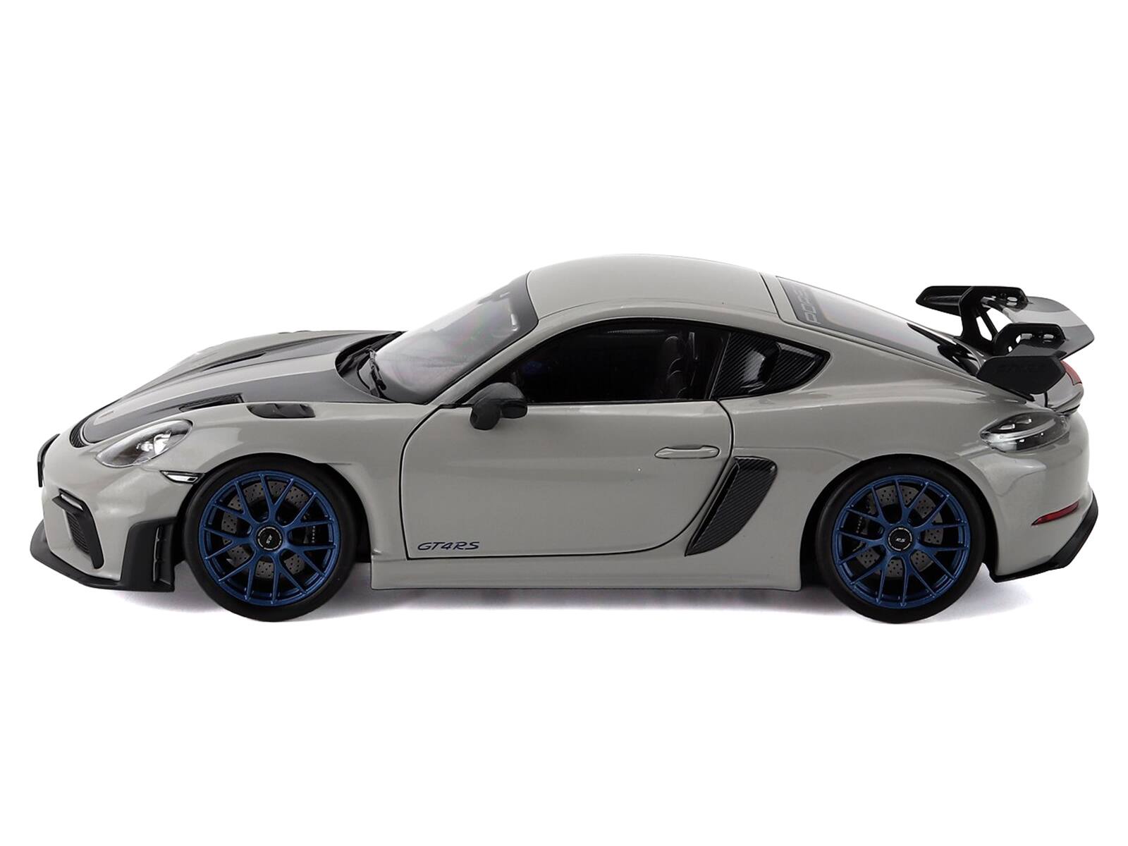 Alt View 4. Norev - 2023 Porsche Cayman GT4 RS Weissach Pack Chalk Gray with Carbon Hood Stripes 1/18 Diecast Model Car by Norev.
