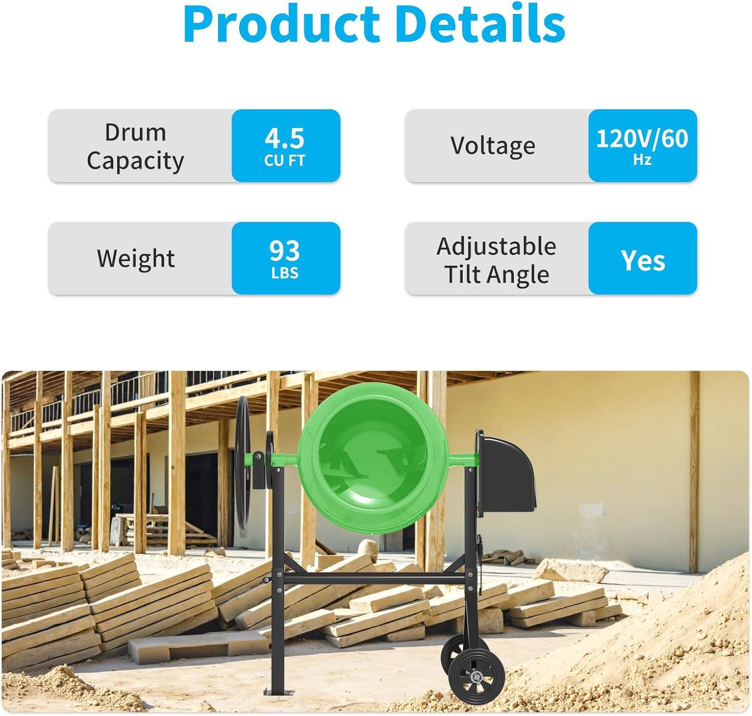 Product Details

- Drum Capacity: 4.5 CU FT
- Voltage: 120V/60 Hz
- Weight: 93 LBS
- Adjustable Tilt Angle: Yes