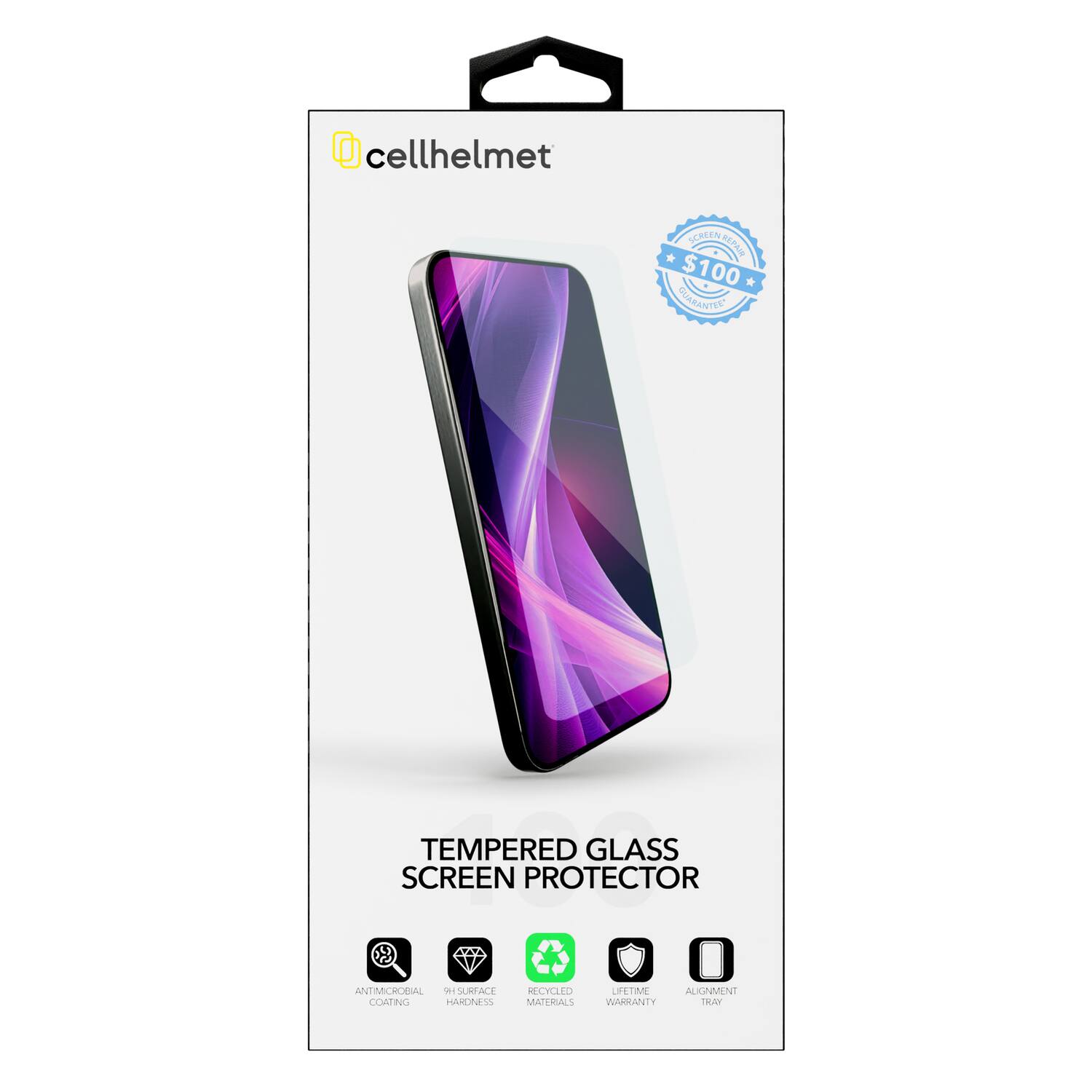 cellhelmet EN SCHEEN * REPAIR $100 $ QUARANTUEE TEMPERED GLASS SCREEN PROTECTOR ANTICROBIAL - SURFACE COATING HARDNESS RECYCLED MATERIALS LIFETIME ALIGNMENT WARRANTY TRAY
