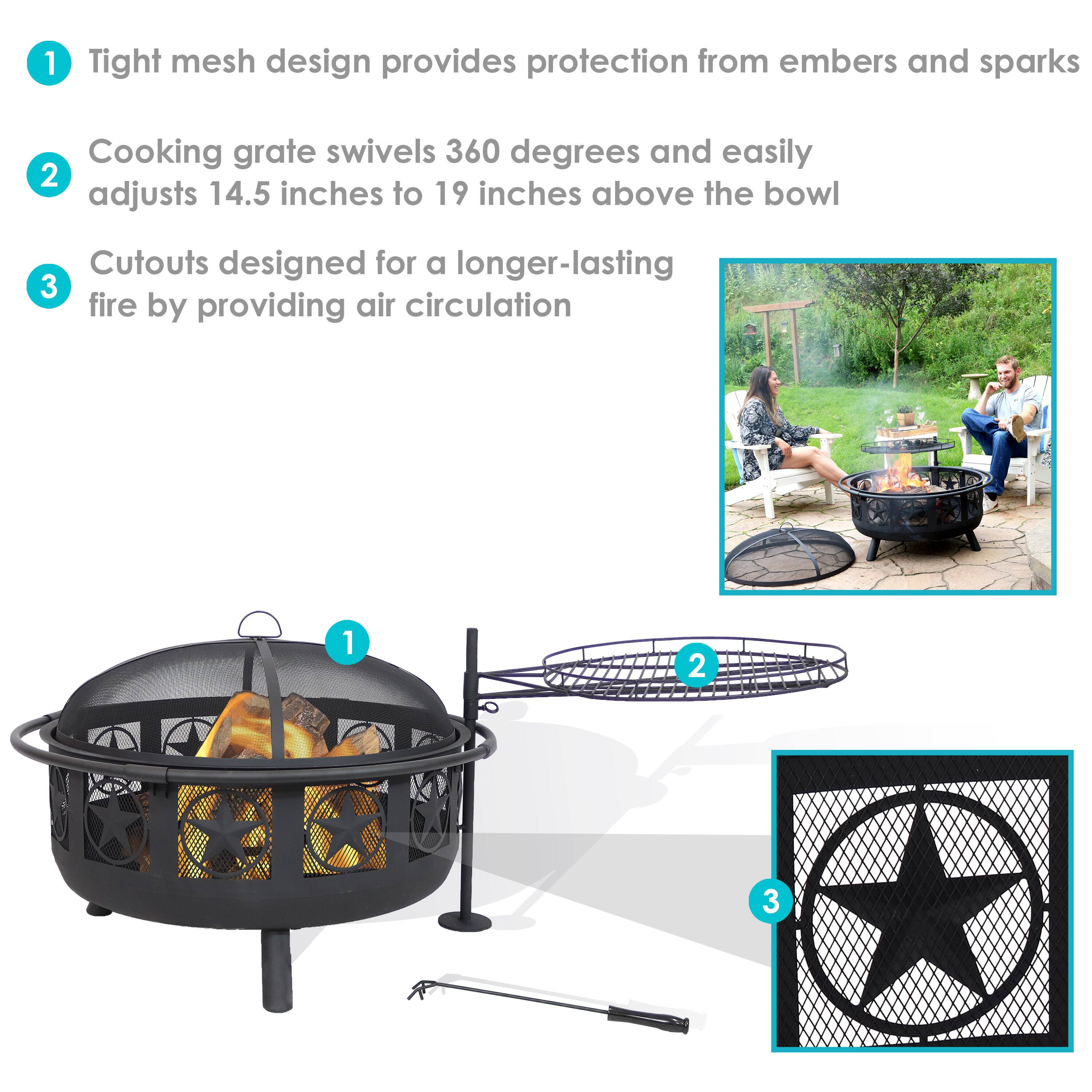 1. Tight mesh design provides protection from embers and sparks.
2. Cooking grate swivels 360 degrees and easily adjusts 14.5 inches to 19 inches above the bowl.
3. Cutouts designed for a longer-lasting fire by providing air circulation.