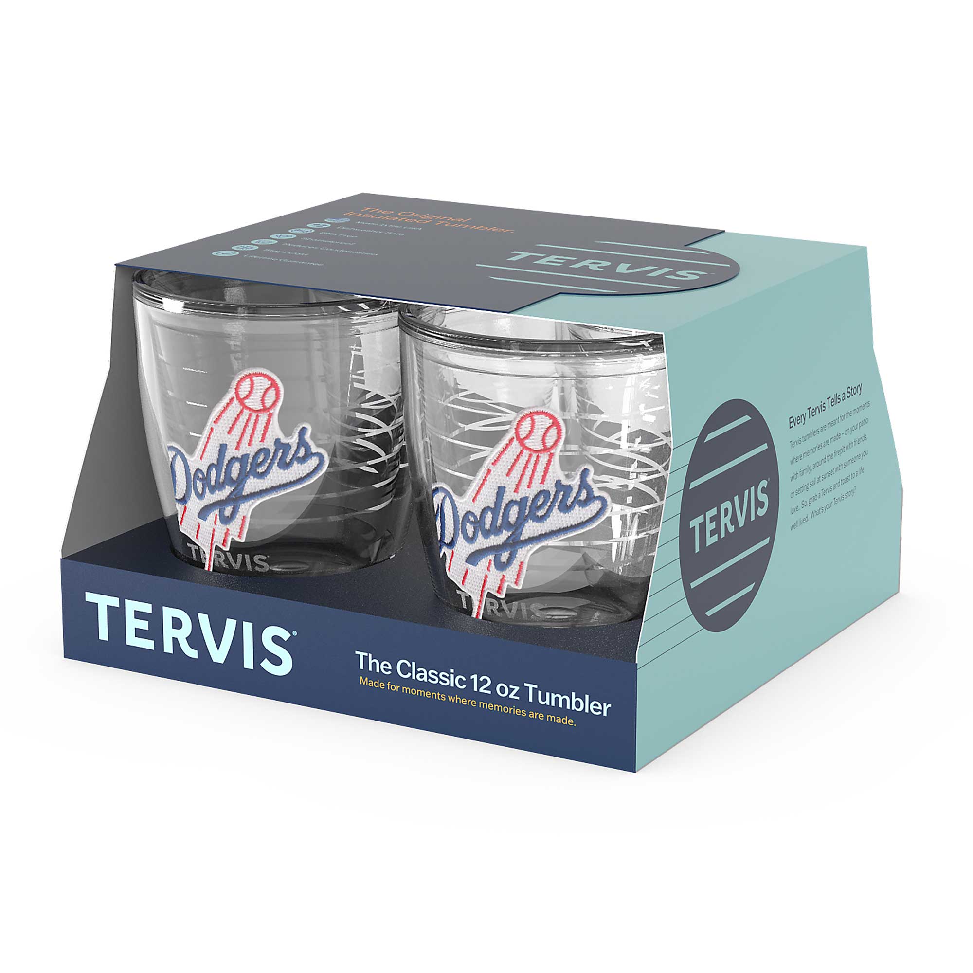 TERVIS  
The Classic 12 oz Tumbler  
Made for moments where memories are made.  

Dodgers  

Every Tumbler Tells a Story  
The Tumbler is more than just a drinkware. It's a vessel for stories, a canvas for memories, and a companion for adventures. Whether it's a sip of coffee in the morning, a refreshing drink after a workout, or a celebratory toast, the Tumbler is there to make every moment memorable.  

TERVIS