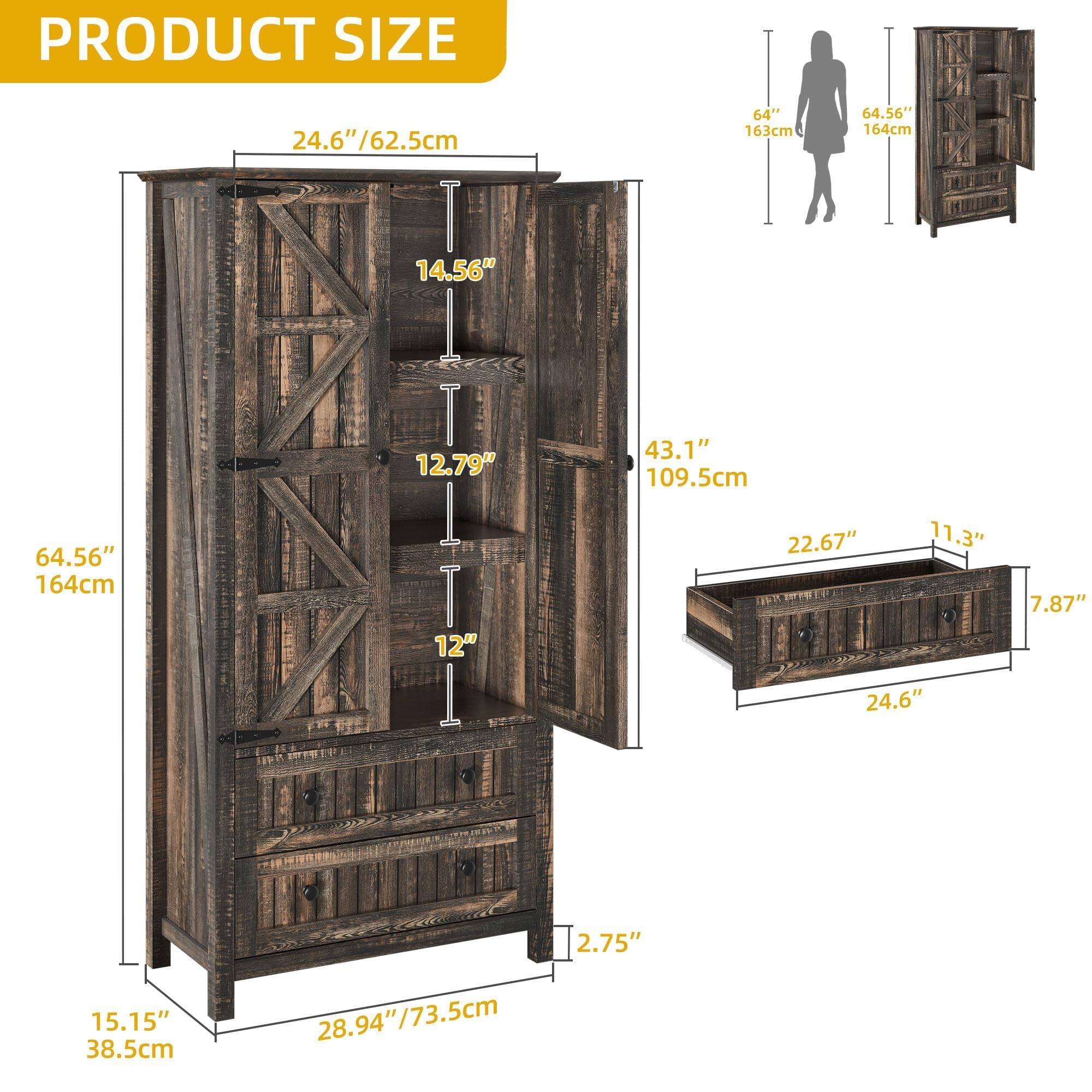 PRODUCT SIZE

- Height: 64.56" / 164cm
- Width: 24.6" / 62.5cm
- Depth: 15.15" / 38.5cm
- Shelf Height: 14.56"
- Shelf Depth: 12.79"
- Drawer Height: 12"
- Drawer Depth: 11.3"
- Drawer Width: 22.67"
- Drawer Height: 7.87"
- Bottom Shelf Height: 2.75"
- Bottom Shelf Depth: 28.94" / 73.5cm
- Top Shelf Height: 43.1" / 109.5cm
- Top Shelf Depth: 24.6"