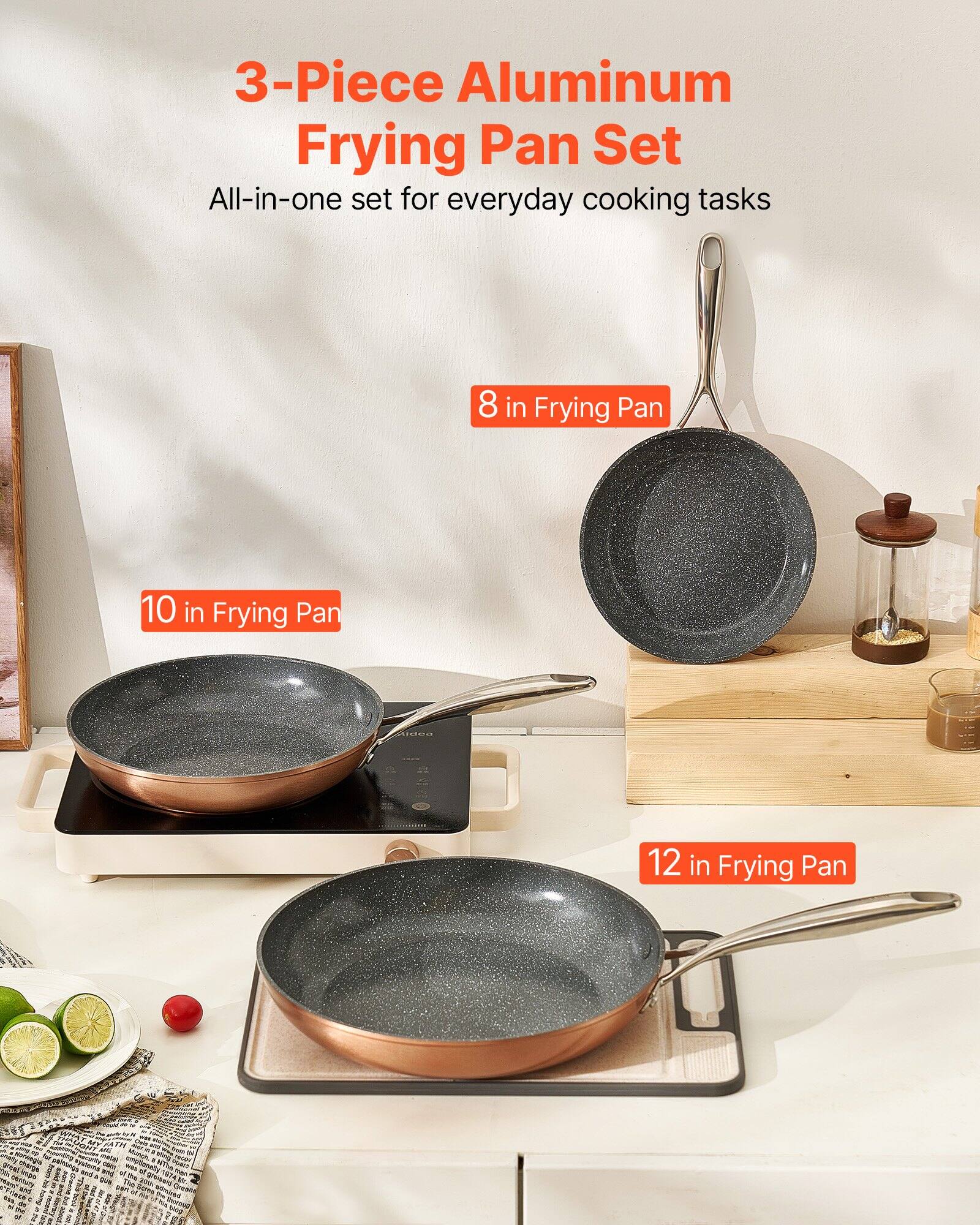 3-Piece Aluminum Frying Pan Set  
All-in-one set for everyday cooking tasks  

8 in Frying Pan  
10 in Frying Pan  
12 in Frying Pan