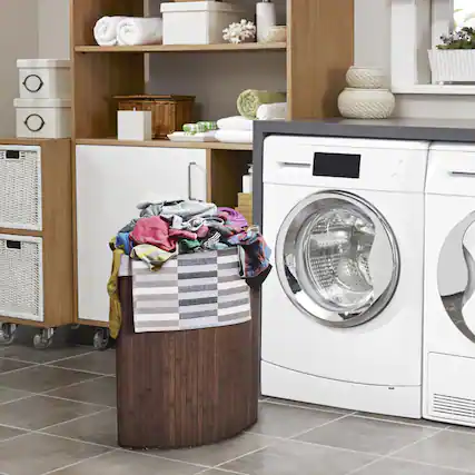 Front. Costway - Corner Bamboo Hamper Laundry Basket Washing Cloth Bin Storage Bag Lid Brown - Brown.