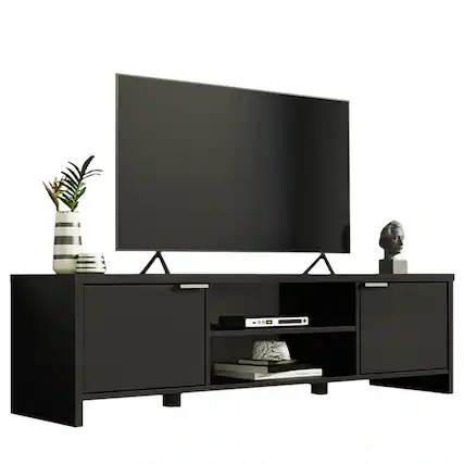 Front. Madesa - Madesa TV Stand with 2 Cabinet Doors and Open Shelves 57"L Media Storage - Black - Black.