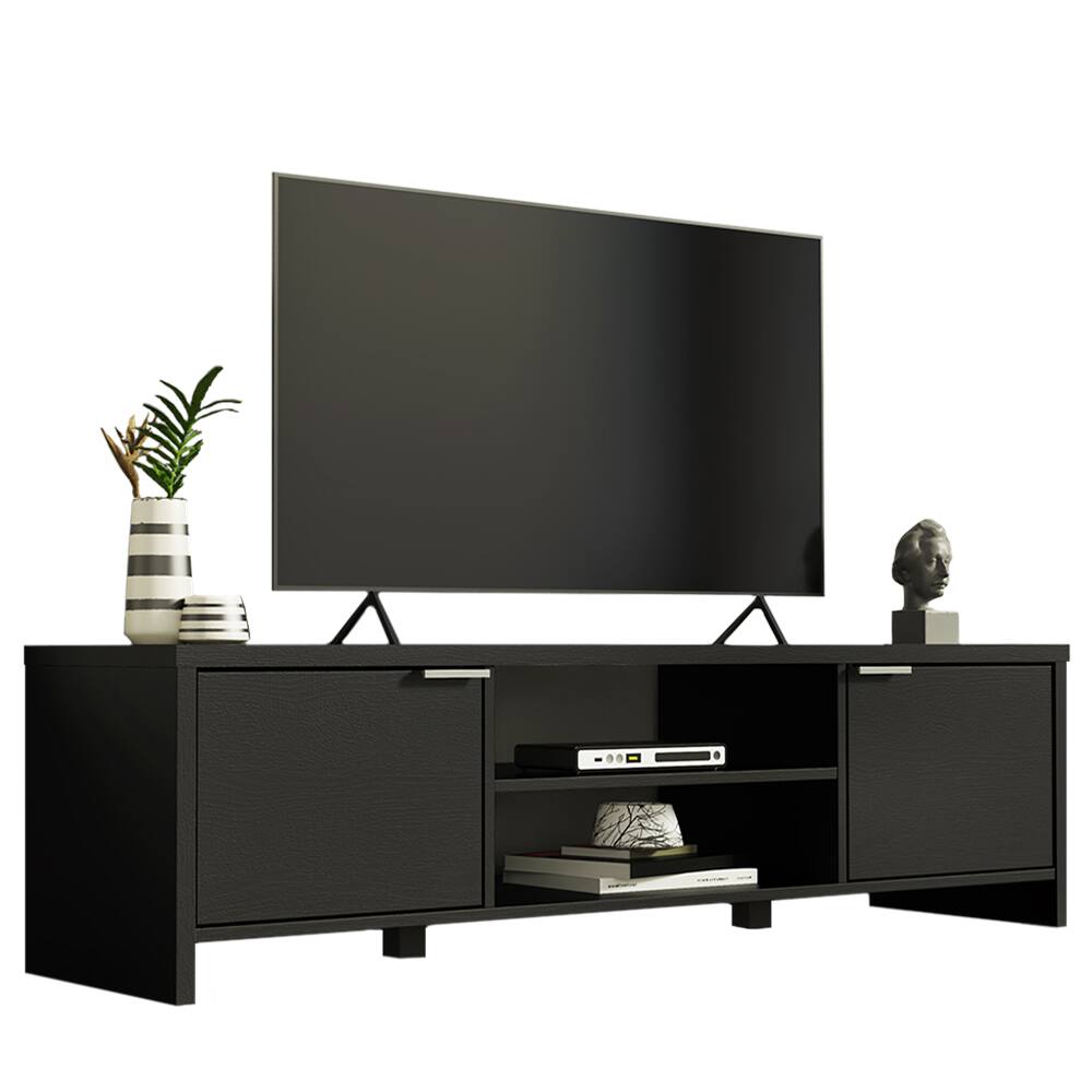 Front. Madesa - Madesa TV Stand with 2 Cabinet Doors and Open Shelves 57"L Media Storage - Black - Black.