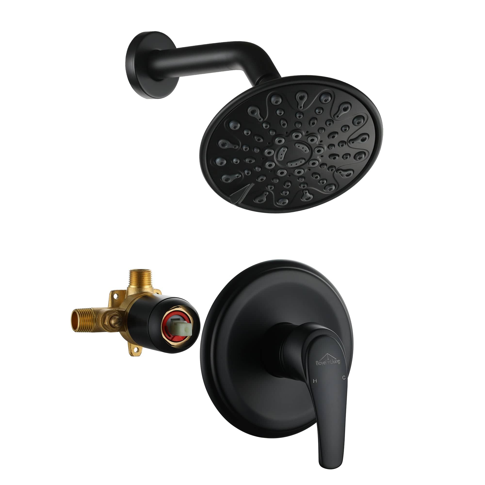 Boyel Living - 6-Spray Patterns with 2.1 GPM 6 in. Wall Mount Rain Fixed Shower Head with Single Handle and Valve - Matte Black