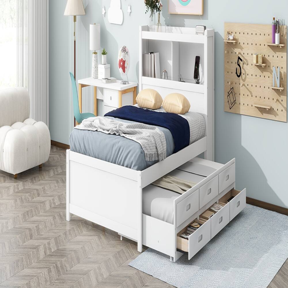 Alt View 2. Loheer - Loheer Full Size Platform Bed with Trundle, Storage Drawers and USB Ports, White Captains Bed with Bookcase Headboard - White.