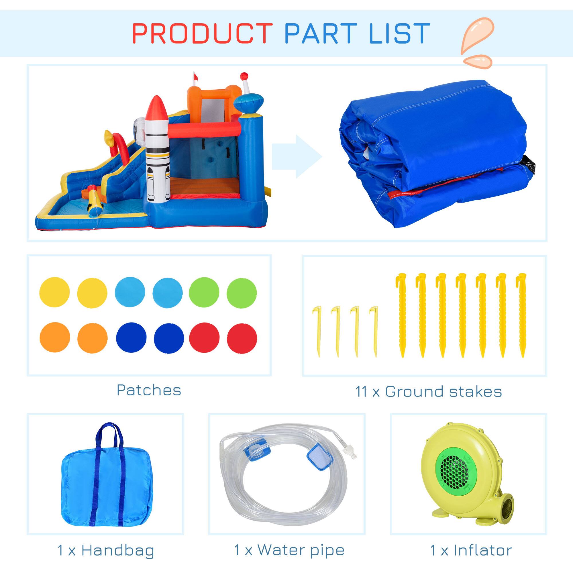 PRODUCT PART LIST

- Patches
- 11 x Ground stakes
- 1 x Handbag
- 1 x Water pipe
- 1 x Inflator