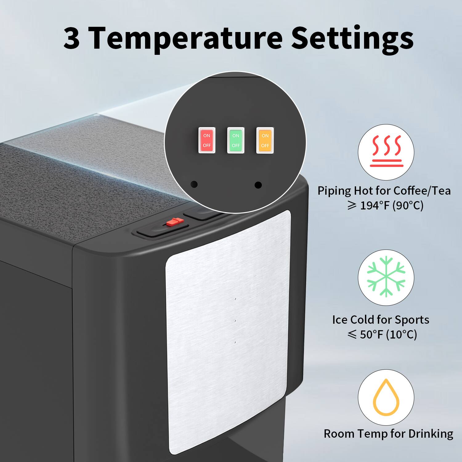 3 Temperature Settings

- Piping Hot for Coffee/Tea ≥ 194°F (90°C)
- Ice Cold for Sports ≤ 50°F (10°C)
- Room Temp for Drinking