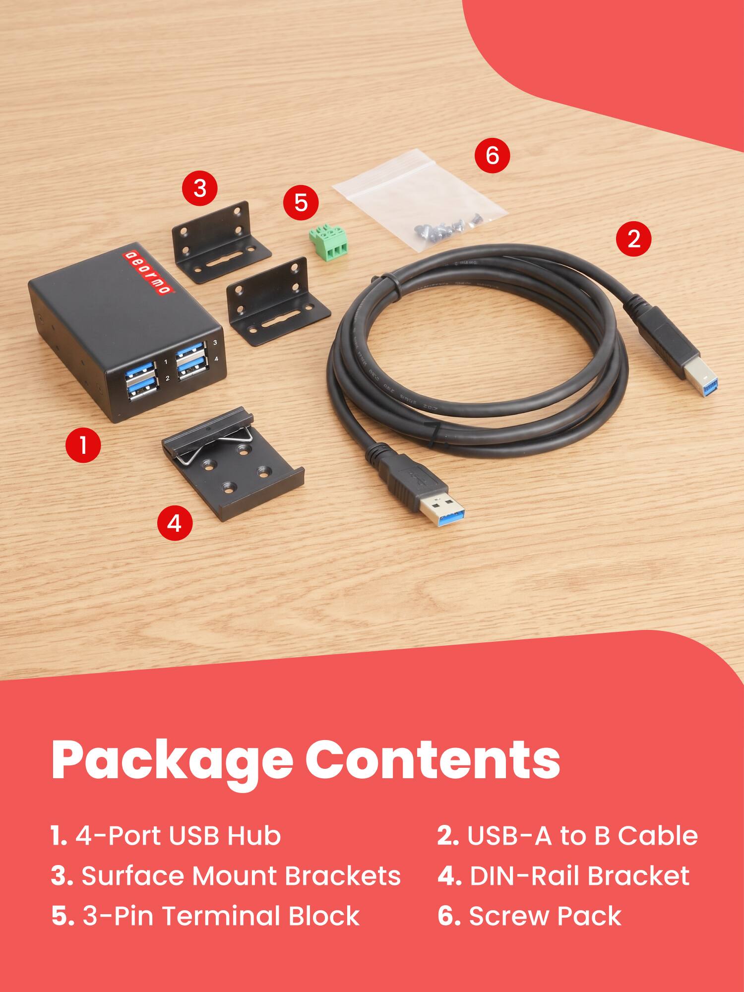 aeormo 9
3
5  202
6
2
3
1
A
2
1
4

Package Contents
1. 4-Port USB Hub
2. USB-A to B Cable
3. Surface Mount Brackets
4. DIN-Rail Bracket
5. 3-Pin Terminal Block
6. Screw Pack