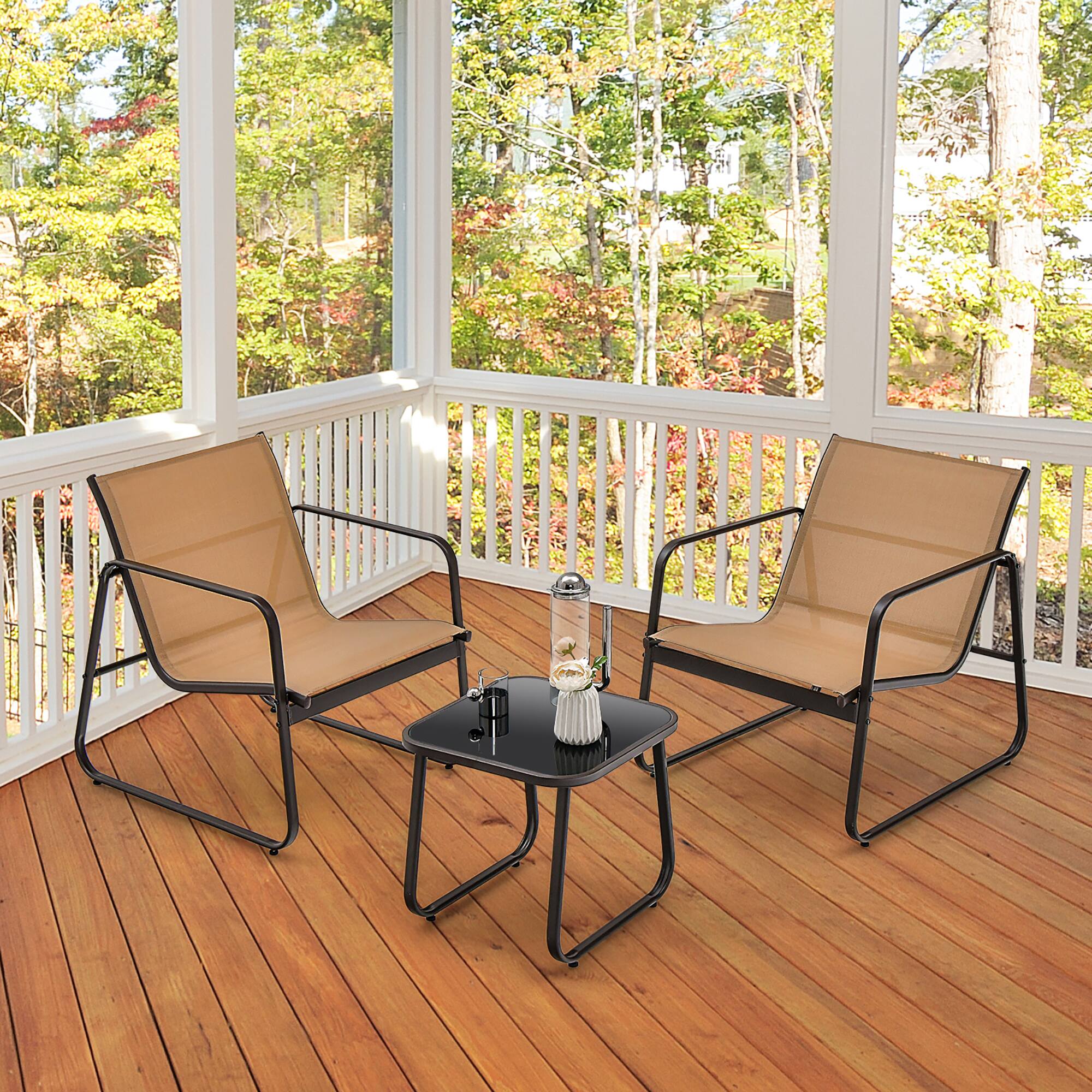 Alt View 4. Costway - Costway 3 Pieces Patio Conversation Set Outdoor Metal Chair & Table Tempered Glass Top - Brown.