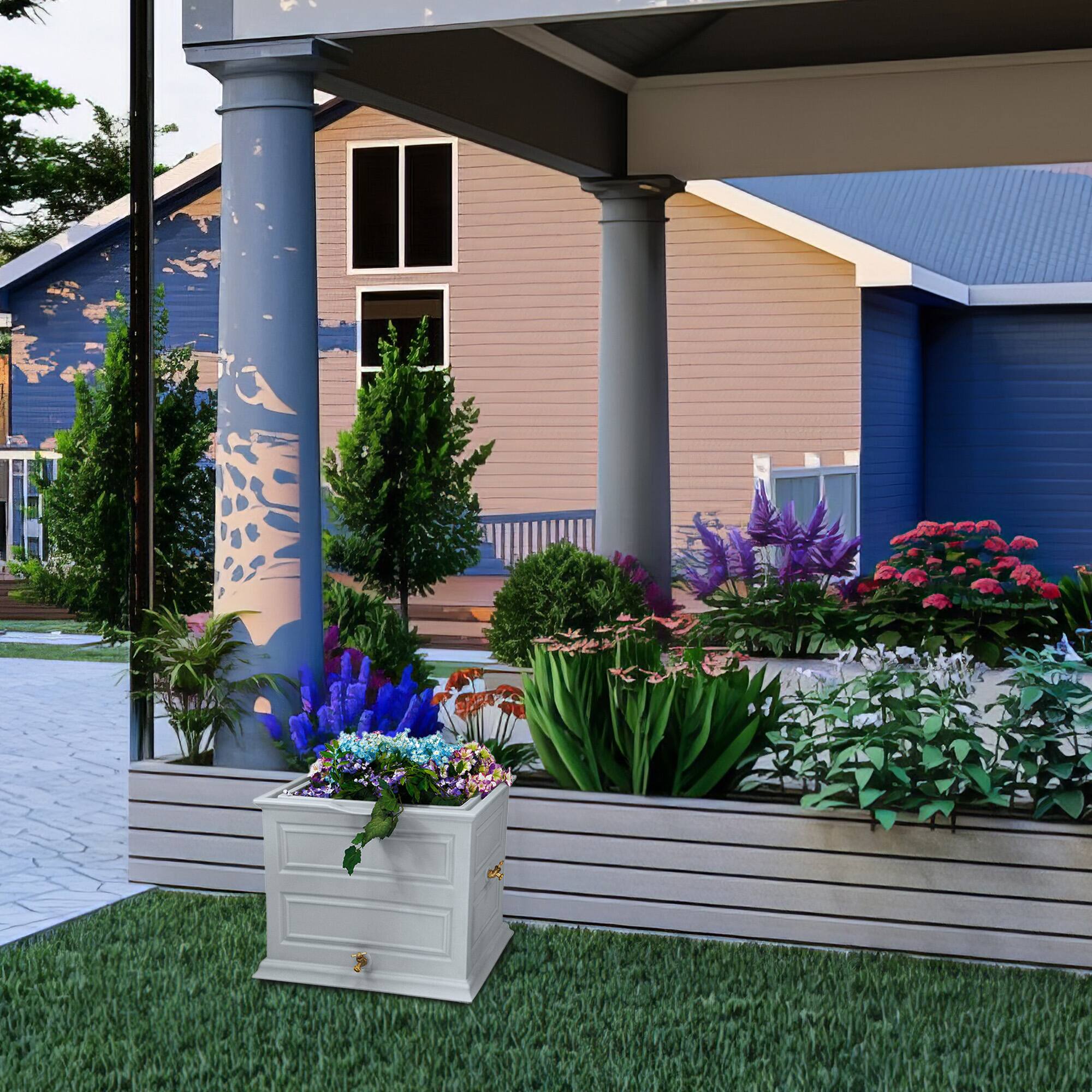 Alt View 3. Good Ideas - Good Ideas Savannah 42 Gallon Colonial Style Rain Barrel Planter w/Brass Spigots - Light gray.