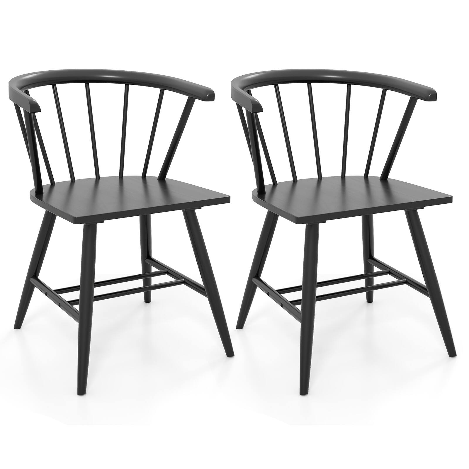 Gymax - Windsor Dining Chair Set of 2 w/Rubber Wood Frame Curved Spindle Back & Armrest - Black