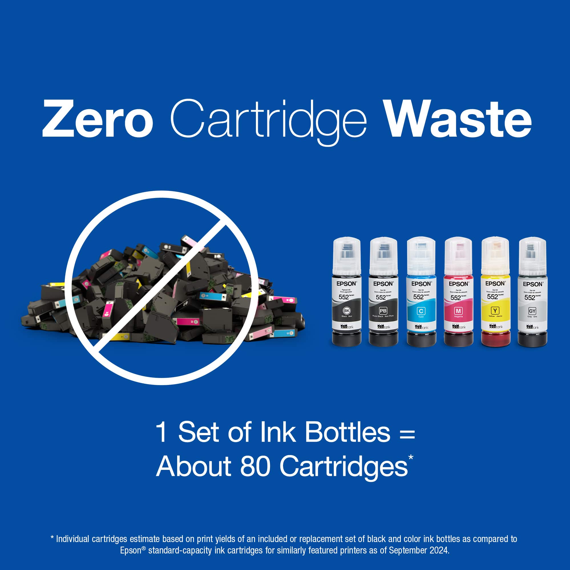 Zero Cartridge Waste FPSON EPSON EPSON I EPSON PSON EPSON 552 552 . 52 N2 502 552 I : D Y 2 TH THE TaE T TVE 1 Set of Ink Bottles = About 80 Cartridges Individual cartridges estimate based on print yields of an included or replacement set of black and color ink bottles as compared to Epson standard-capacity ink cartridges for similarly featured printers as of September 2024.