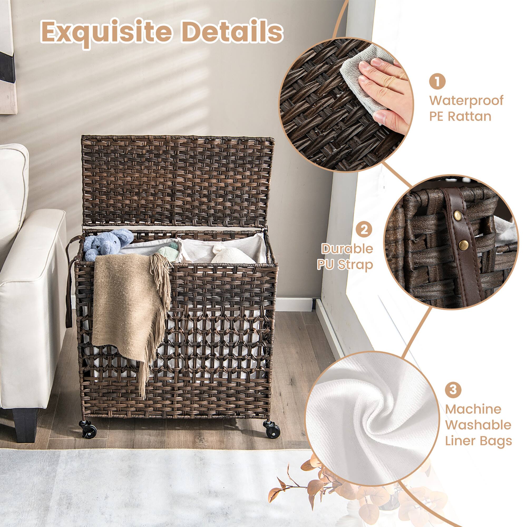 Exquisite Details: 1. Waterproof PE Rattan, 2. Durable PU Strap, 3. Machine Washable Liner Bags.