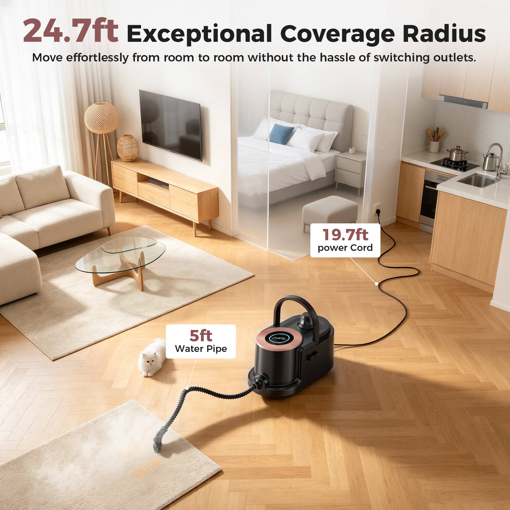 24.7ft Exceptional Coverage Radius  
Move effortlessly from room to room without the hassle of switching outlets.  
19.7ft power Cord  
5ft Water Pipe