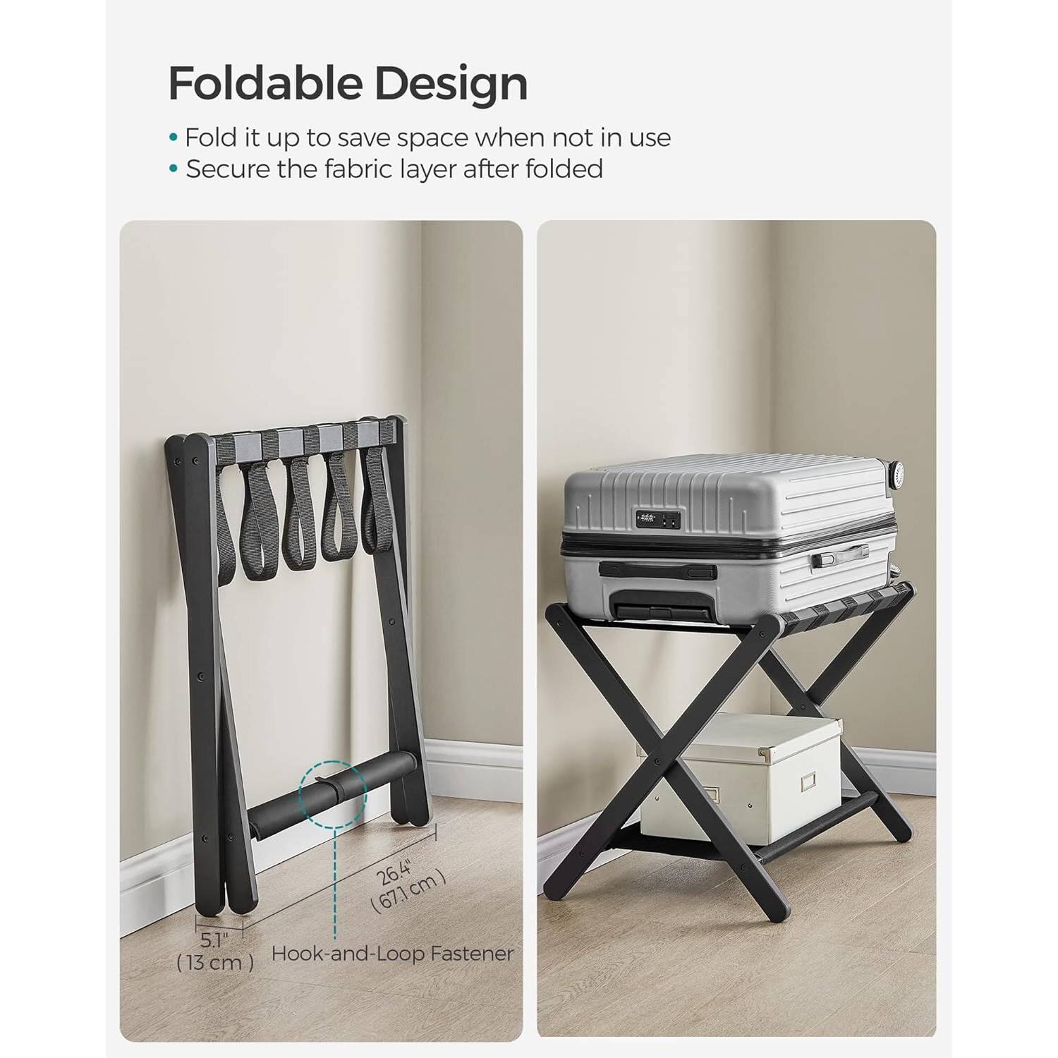 Foldable Design  
- Fold it up to save space when not in use  
- Secure the fabric layer after folded  

51" (13 cm)  
26.4" (67.1 cm)  
Hook-and-Loop Fastener (13 cm)