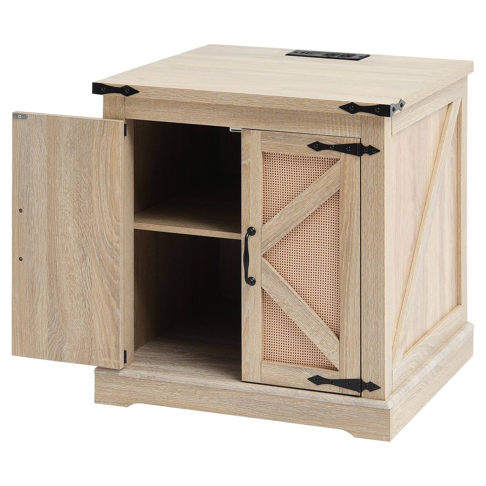 Alt View 8. Glintex - Farmhouse End Table 24 in, Rectangle Woven Wood Side Table with Storage and Retro Metal Hinges for Living Room - Natural.