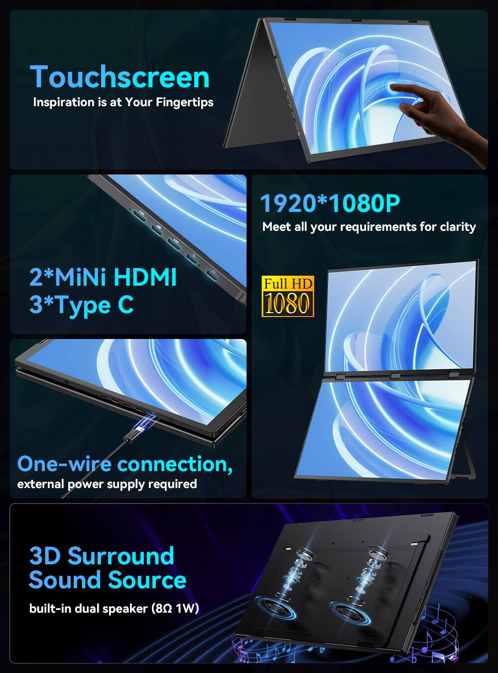 Touchscreen  
Inspiration is at Your Fingertips  

1920*1080P  
Meet all your requirements for clarity  

2*MiNi HDMI  
3*Type C  

One-wire connection,  
external power supply required  

3D Surround Sound Source  
built-in dual speaker (8Ω 1W)
