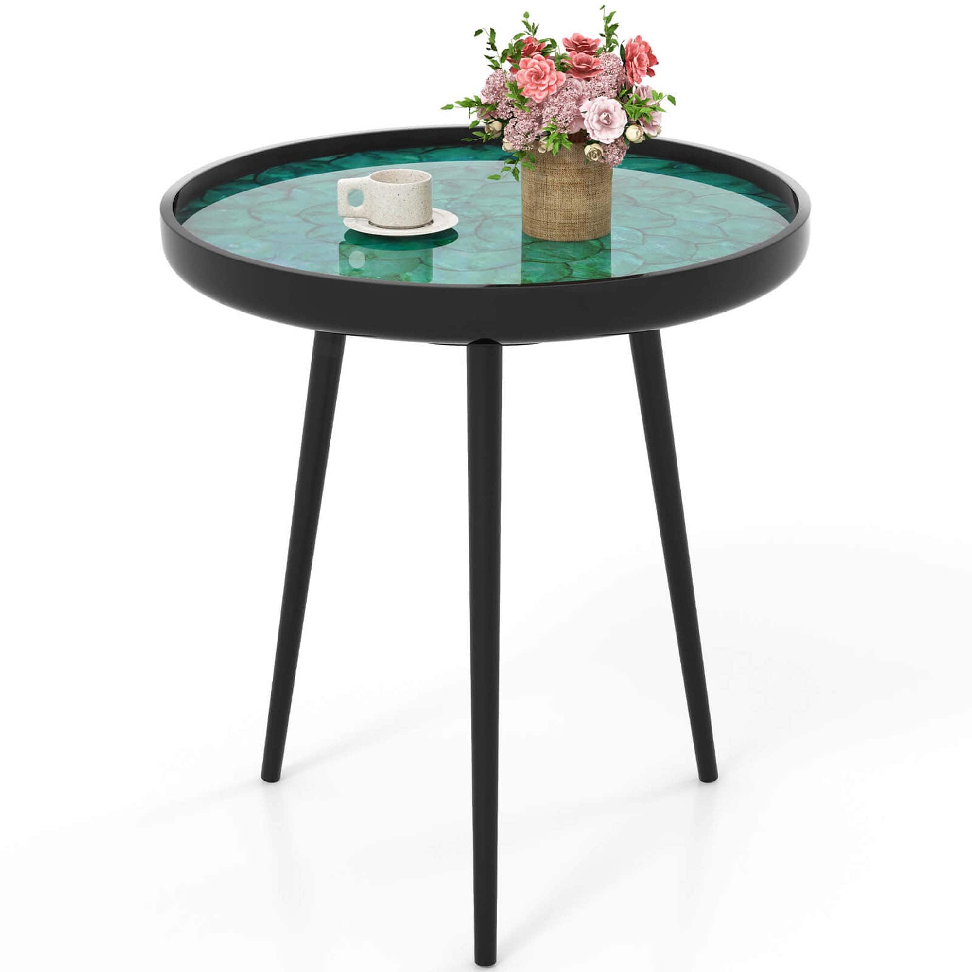 Costway - 20" Round End Table Mid-century Modern Coffee Table with Sea Shell Decoration - Green