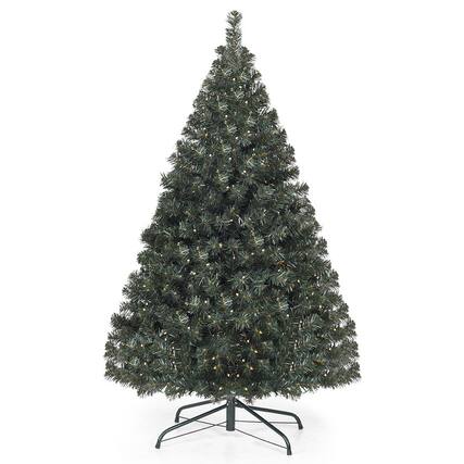 Front. WELLFOR - 4.5 FT Hinged Pre‑Lit Artificial Christmas Tree with 398 PVC Branch Tips, 200 Warm‑White LED Lights & Iron Stand - Green.