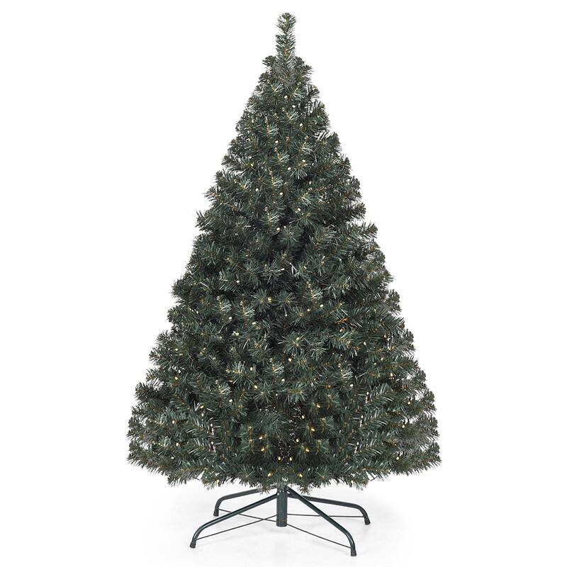 Front. WELLFOR - 4.5 FT Hinged Pre‑Lit Artificial Christmas Tree with 398 PVC Branch Tips, 200 Warm‑White LED Lights & Iron Stand - Green.