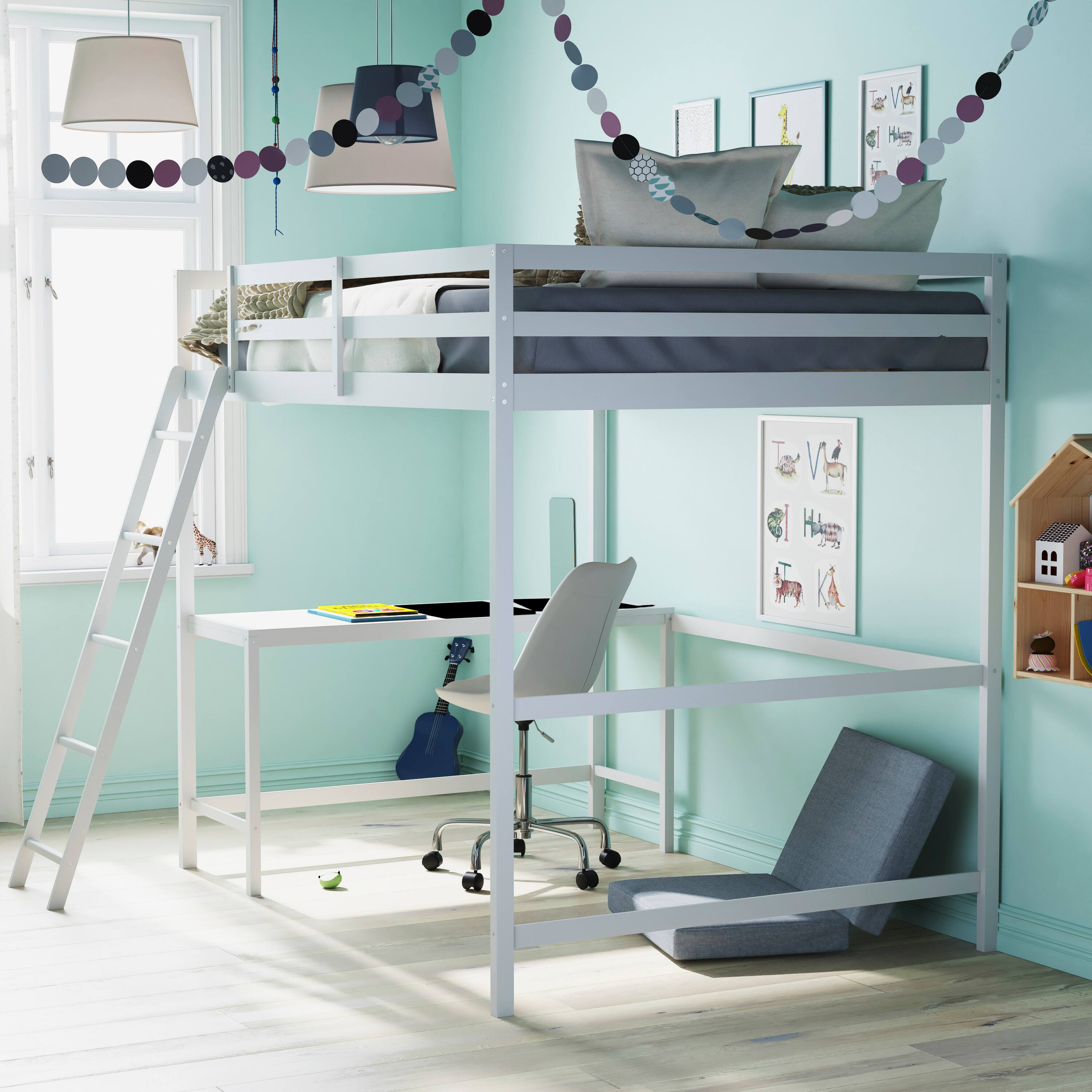 Alt View 1. Flash Furniture - Riley Loft Bed Frame with Desk, Full Size Wooden Bed Frame with Protective Guard Rails & Ladder for Kids and Teens - Whi - White.