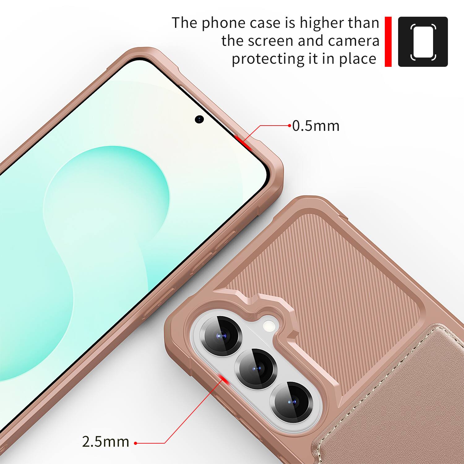 The phone case is higher than the screen and camera protecting it in place.  
0.5mm  
2.5mm