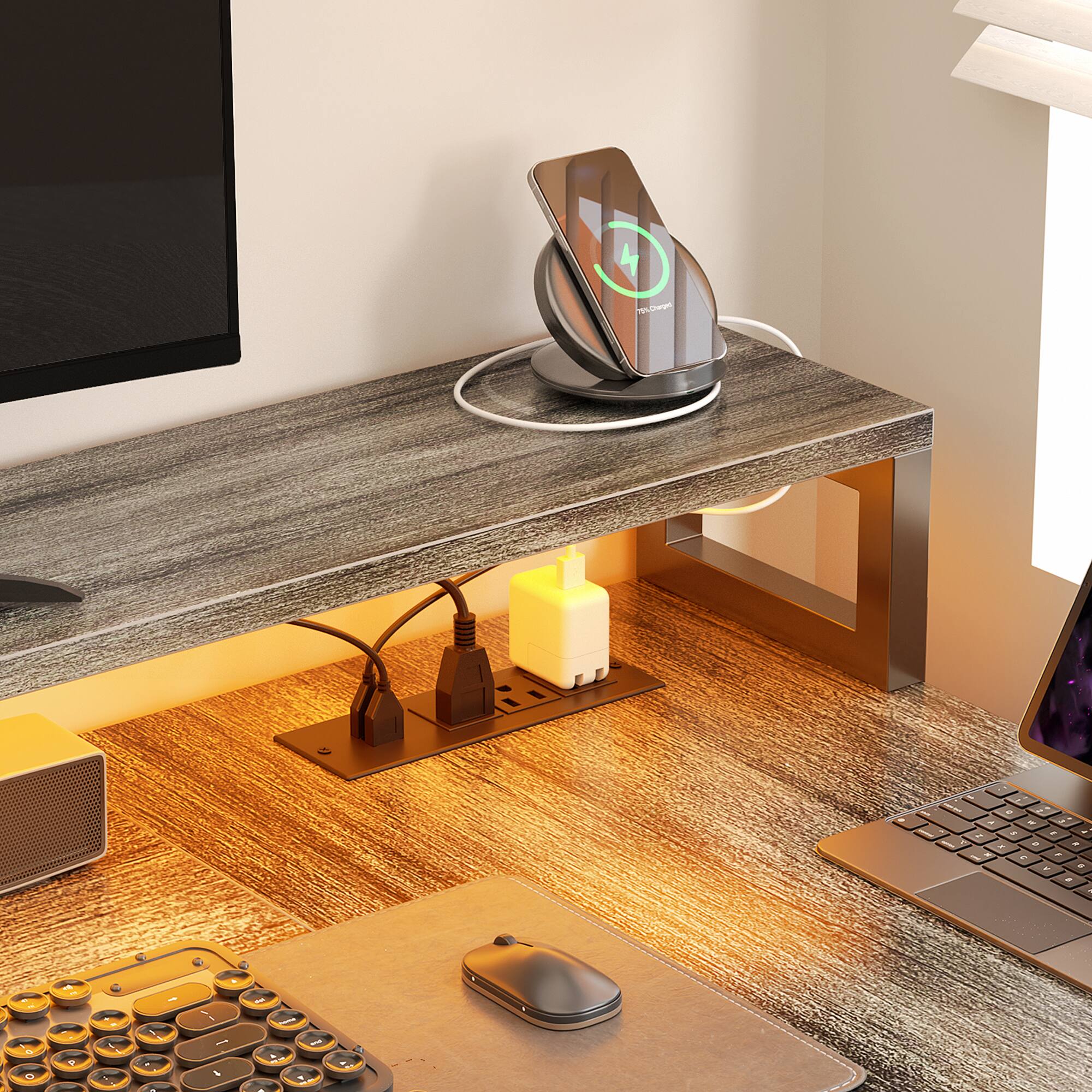 Alt View 1. Aheaplus - Reversible L Shaped Gaming/Office Desk with Power Outlet, File Drawer, Monitor Stand, LED Strip & Storage Shelf - White Oak.