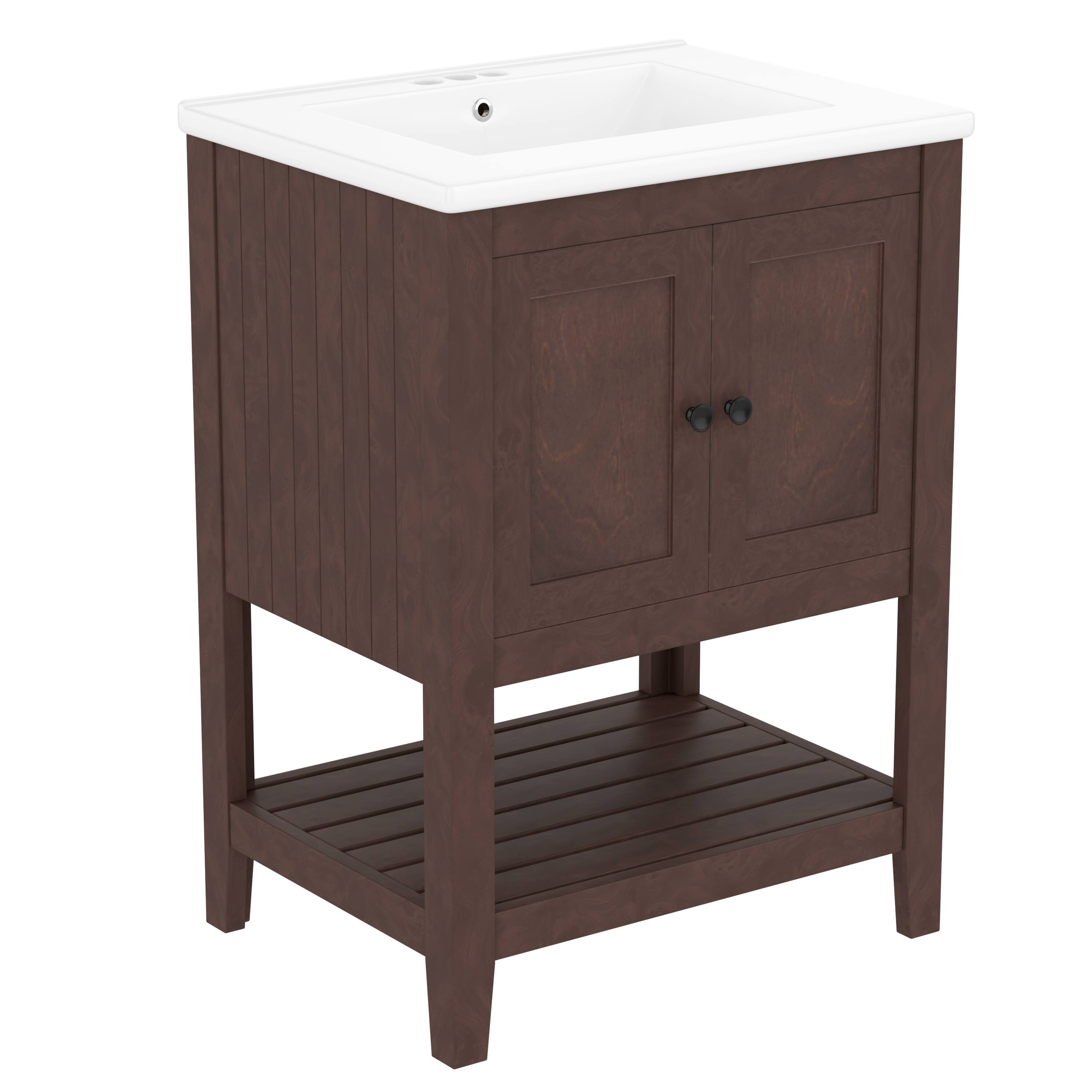 Left. Whisen - 24-Inch Freestanding Bathroom Vanity with Ceramic Sink and Open Style Shelf - Brown.