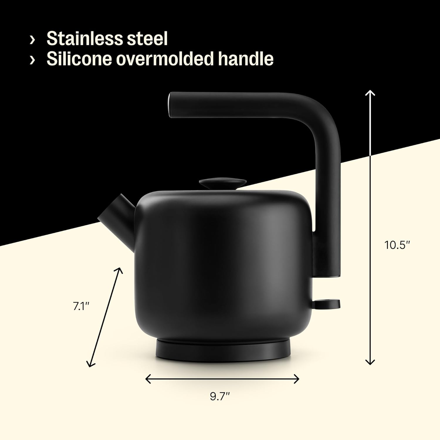 - Stainless steel
- Silicone overmolded handle

Dimensions:
- Height: 10.5"
- Width: 9.7"
- Depth: 7.1"
