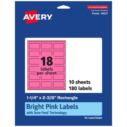 Go to avery.com/templates
AVERY
Use Avery Template Presta® 94227
18 labels per sheet
10 sheets
180 labels
1-1/4" x 2-3/8" Rectangle
Bright Pink Labels with Sure Feed Technology for Laser/Inkjet