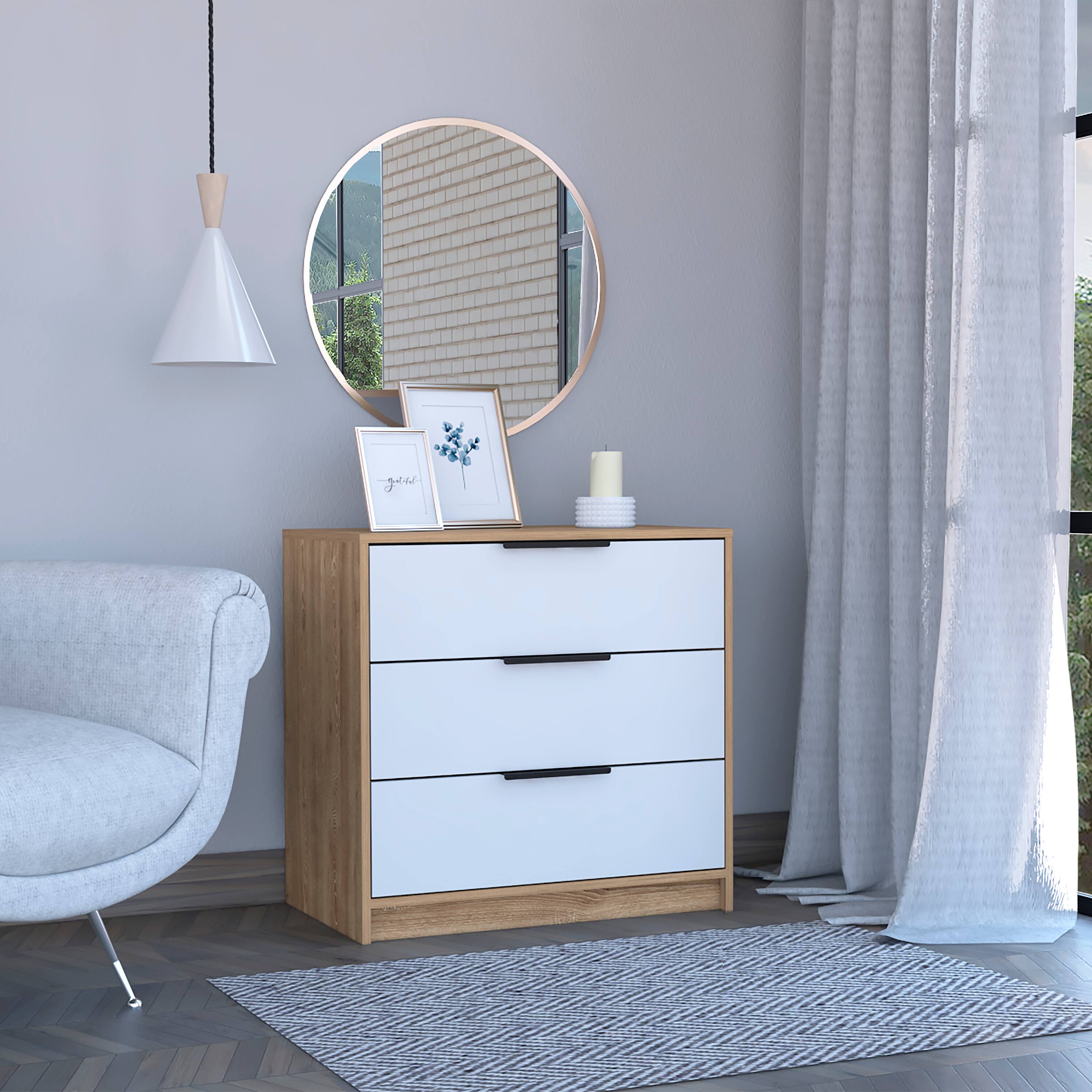 Angle. TuHome - Kaia 3 Drawers Dresser, Superior Top - White / Pine.