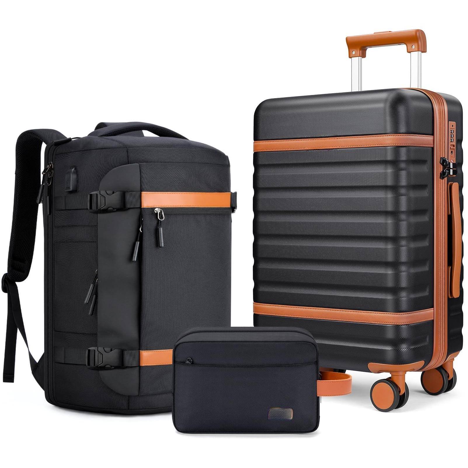 Dapper Styles - Luggage Sets 3 Piece complete includes carry suitcase - Black-3 Piece Set (20inch)
